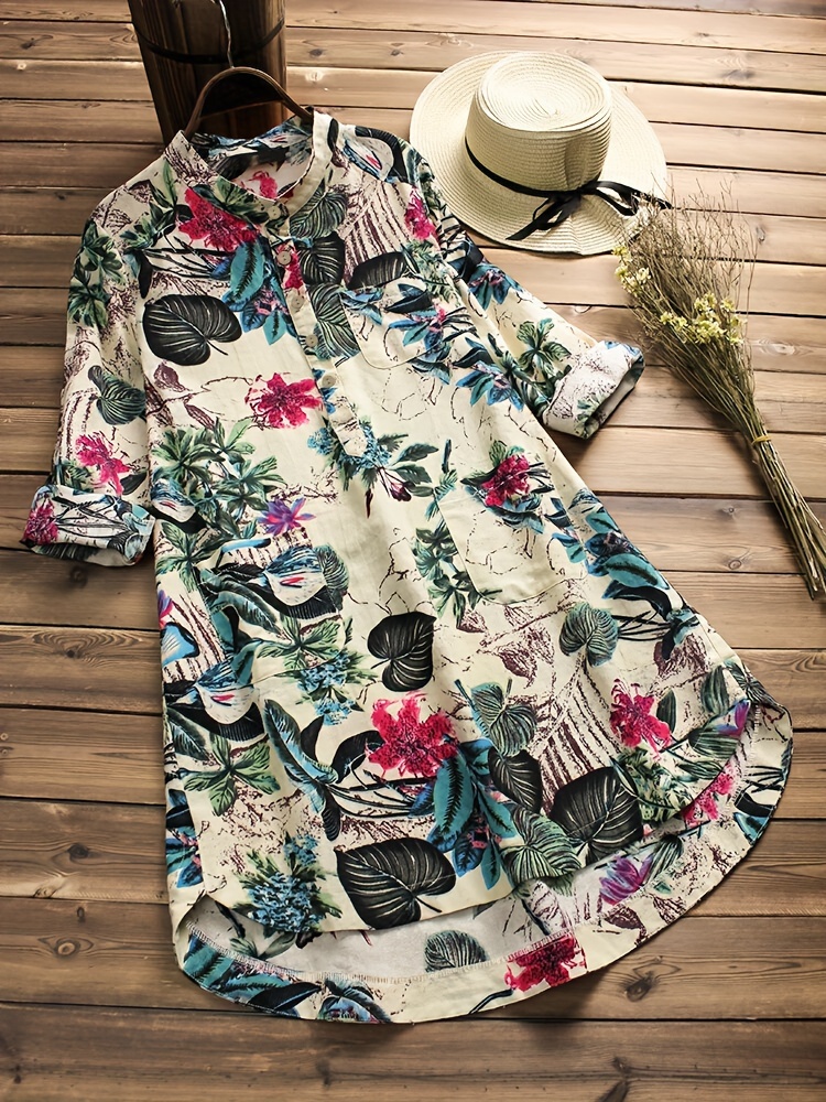 plus size casual blouse womens plus tropical print long sleeve button up stand collar tunic shirt top details 0