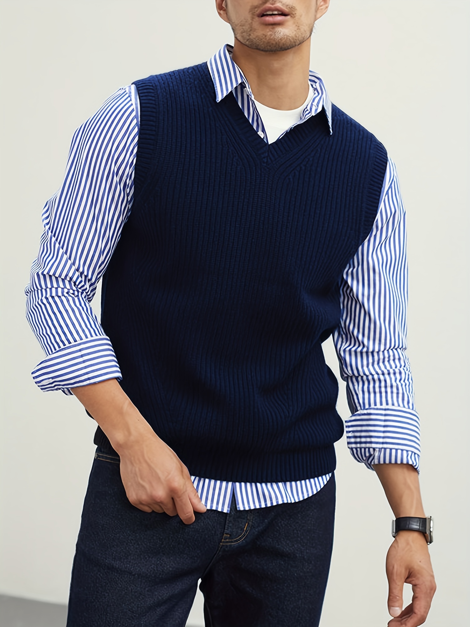 mens v neck sweater vest pullover solid color sleeveless sweaters vest preppy style details 7