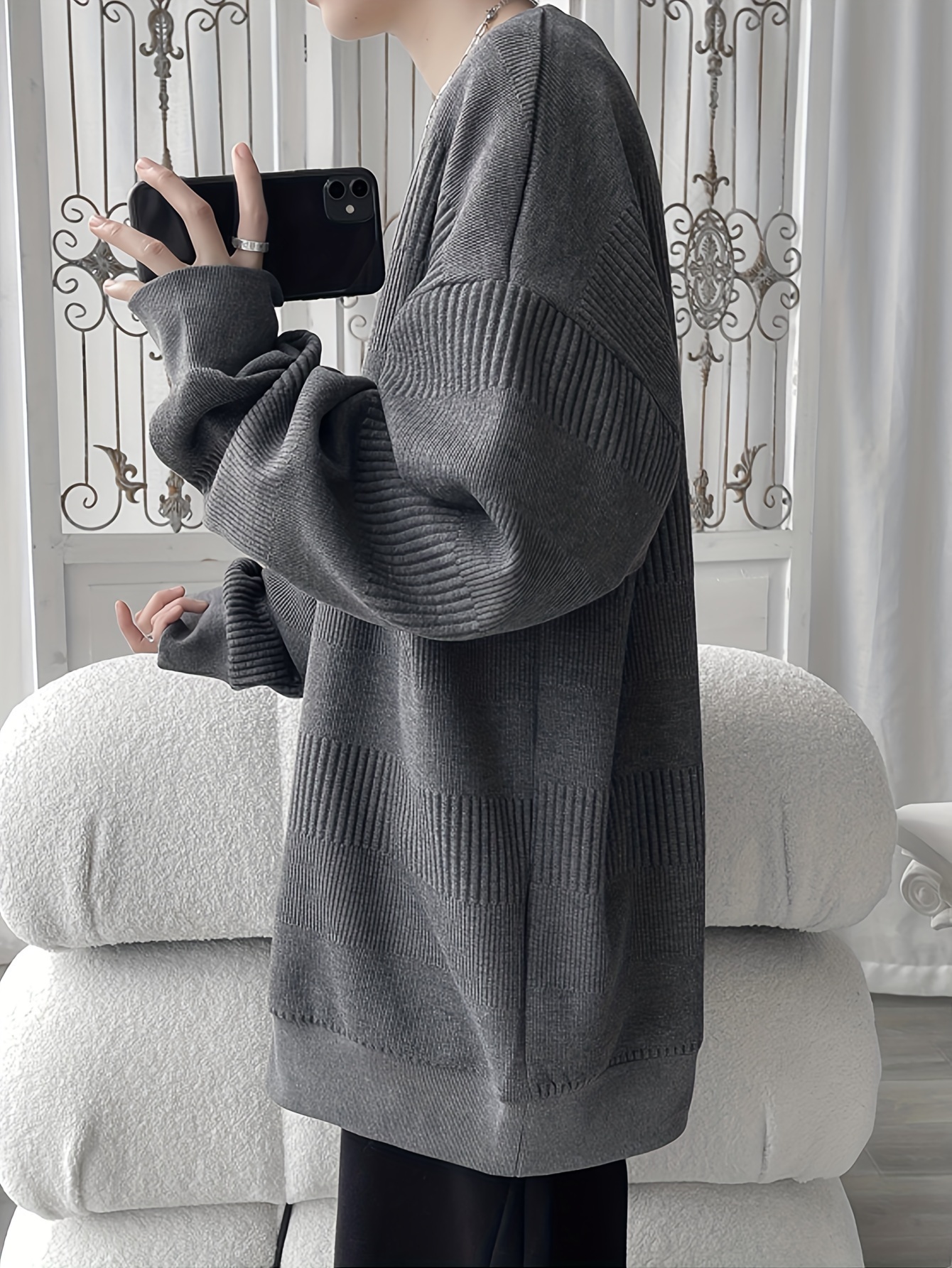 mens solid knitted pullover casual breathable long sleeve crew neck top for outdoor activities details 12