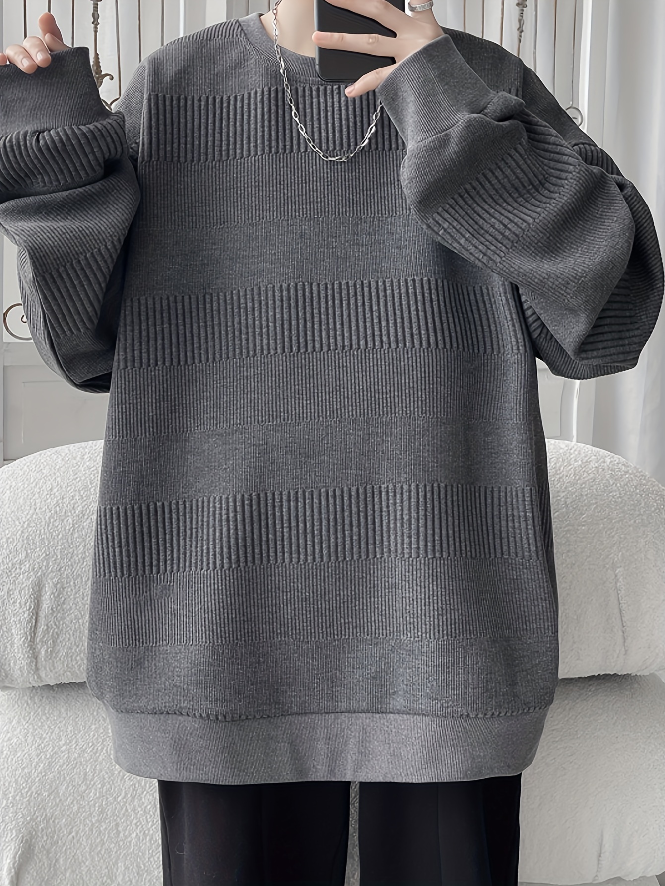 mens solid knitted pullover casual breathable long sleeve crew neck top for outdoor activities details 11