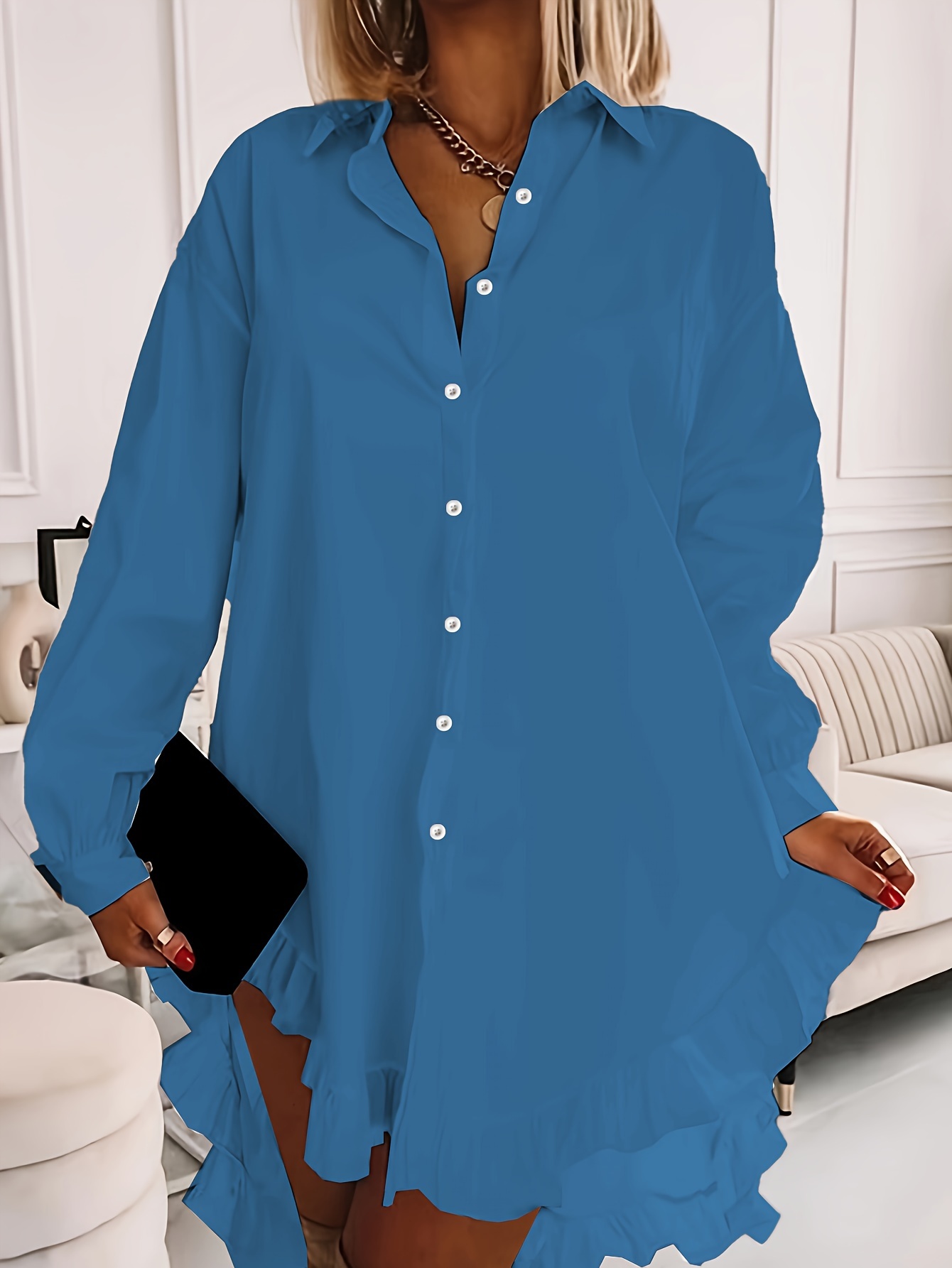 plus size ruffle solid shirt casual long sleeve button front shirt womens plus size clothing details 1