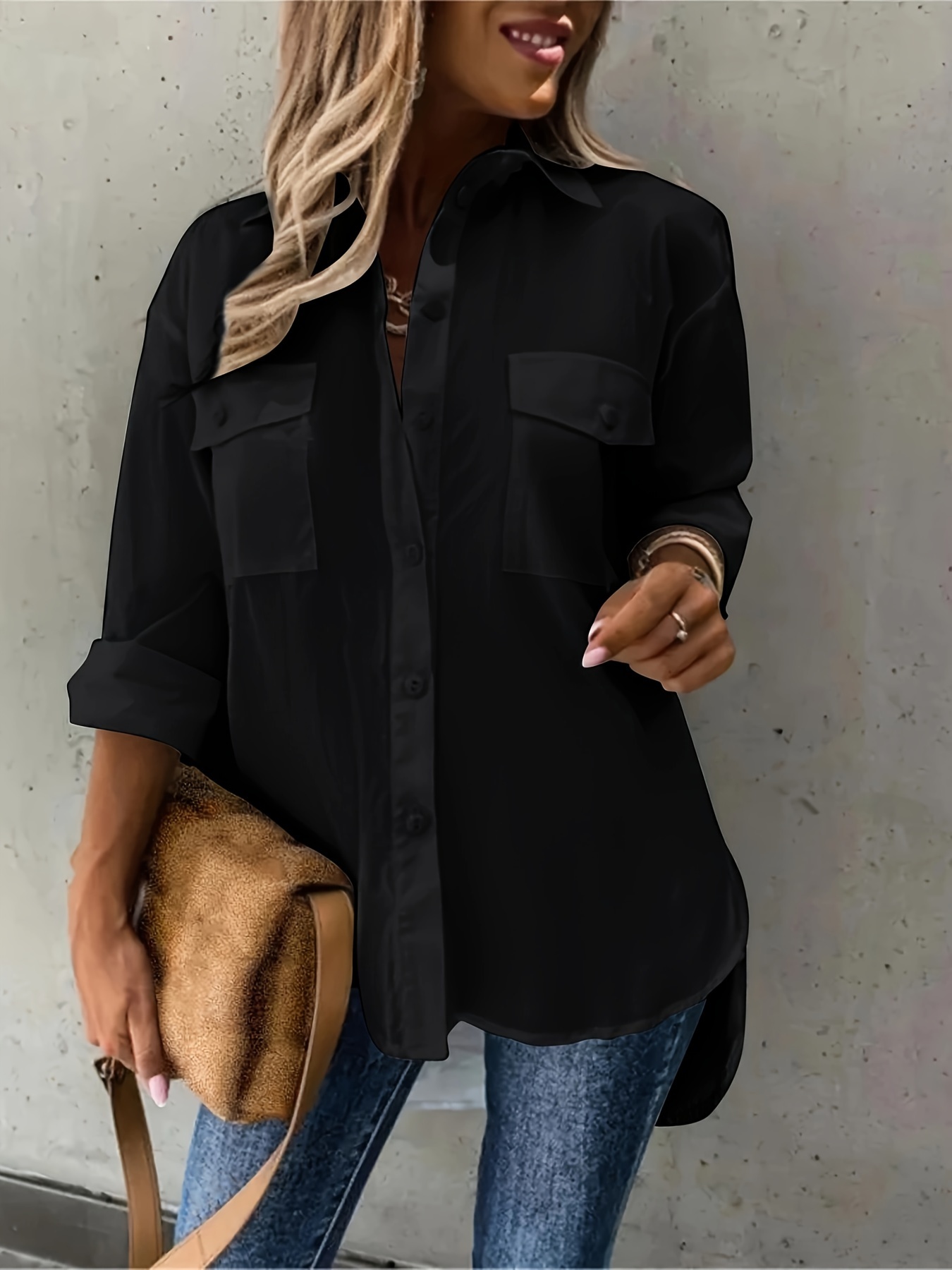 plus size casual blouse womens plus solid long sleeve lapel collar button up shirt top with flap pockets details 13
