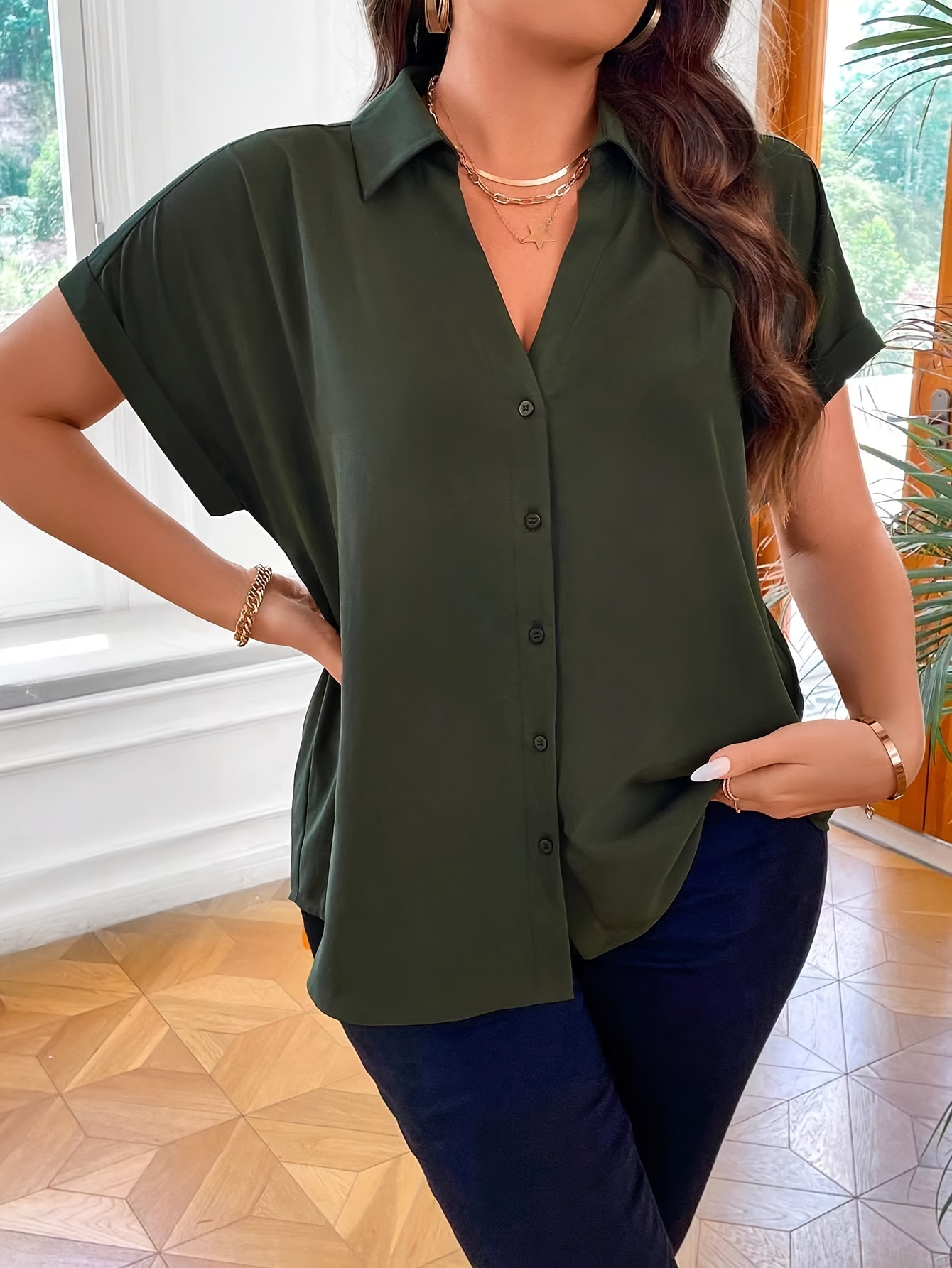 womens casual blouse plus size solid button up bat sleeve turn down collar blouse details 2