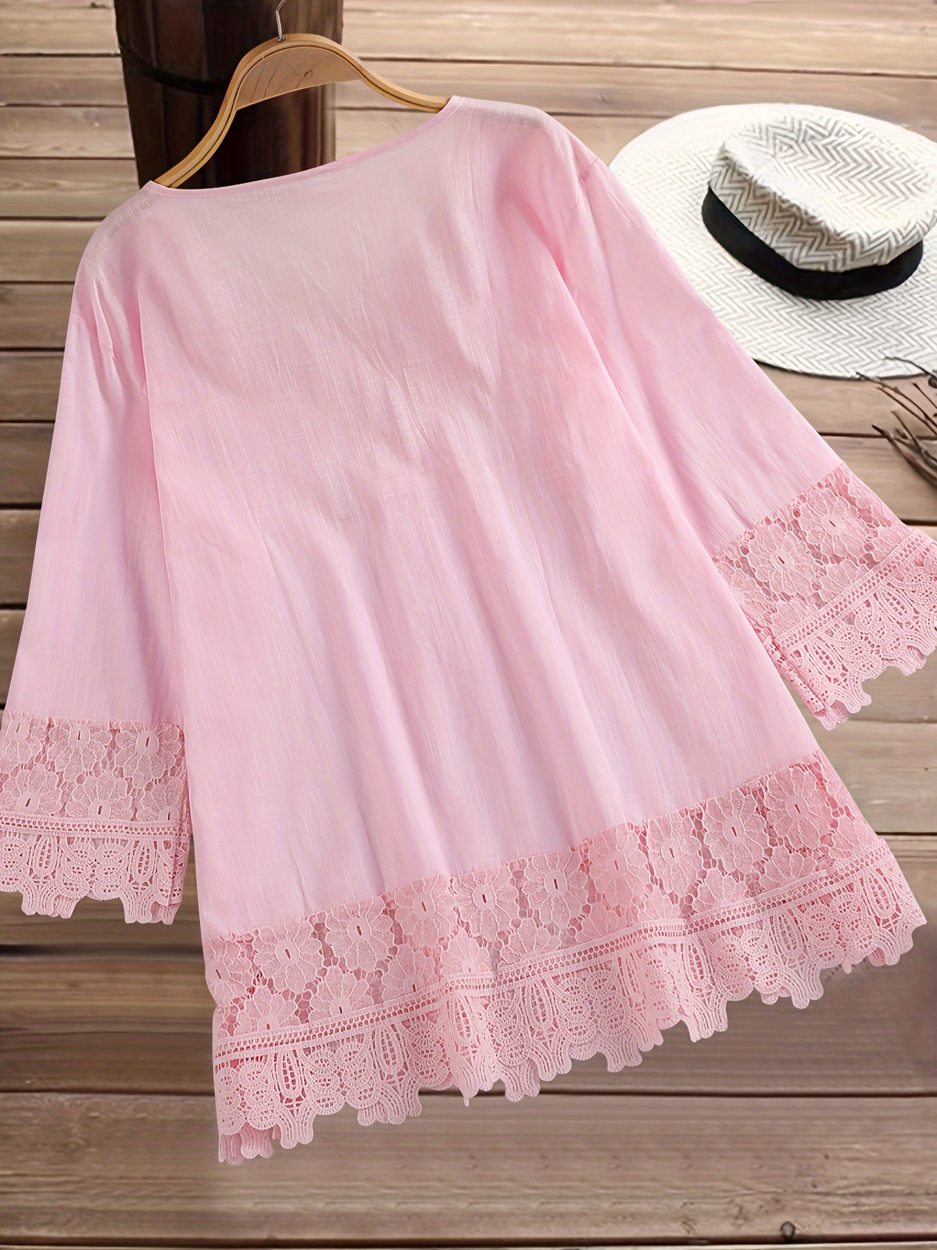 plus size elegant blouse womens plus floral appliques contrast guipure lace short sleeve tie neck top details 4