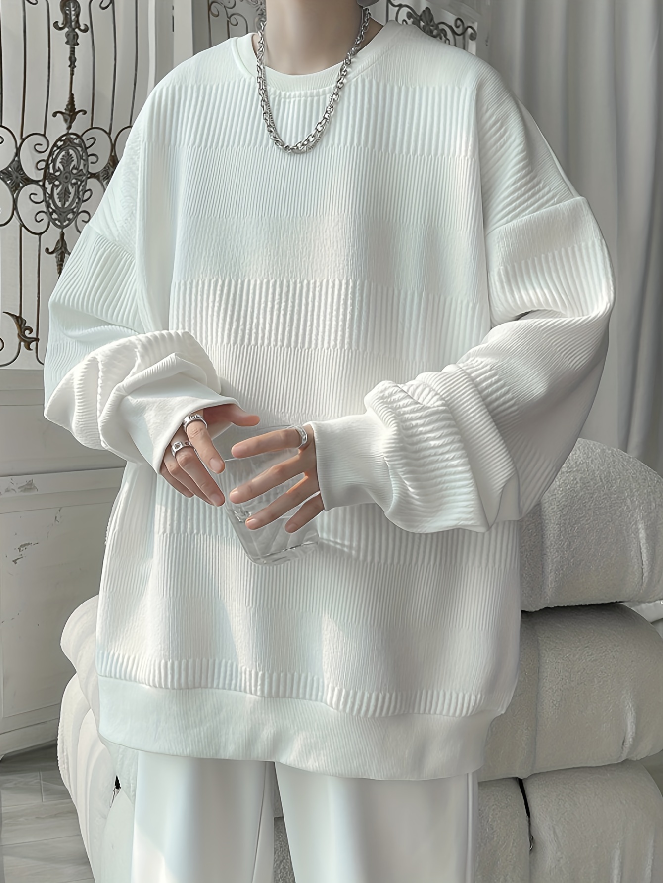 mens solid knitted pullover casual breathable long sleeve crew neck top for outdoor activities details 2