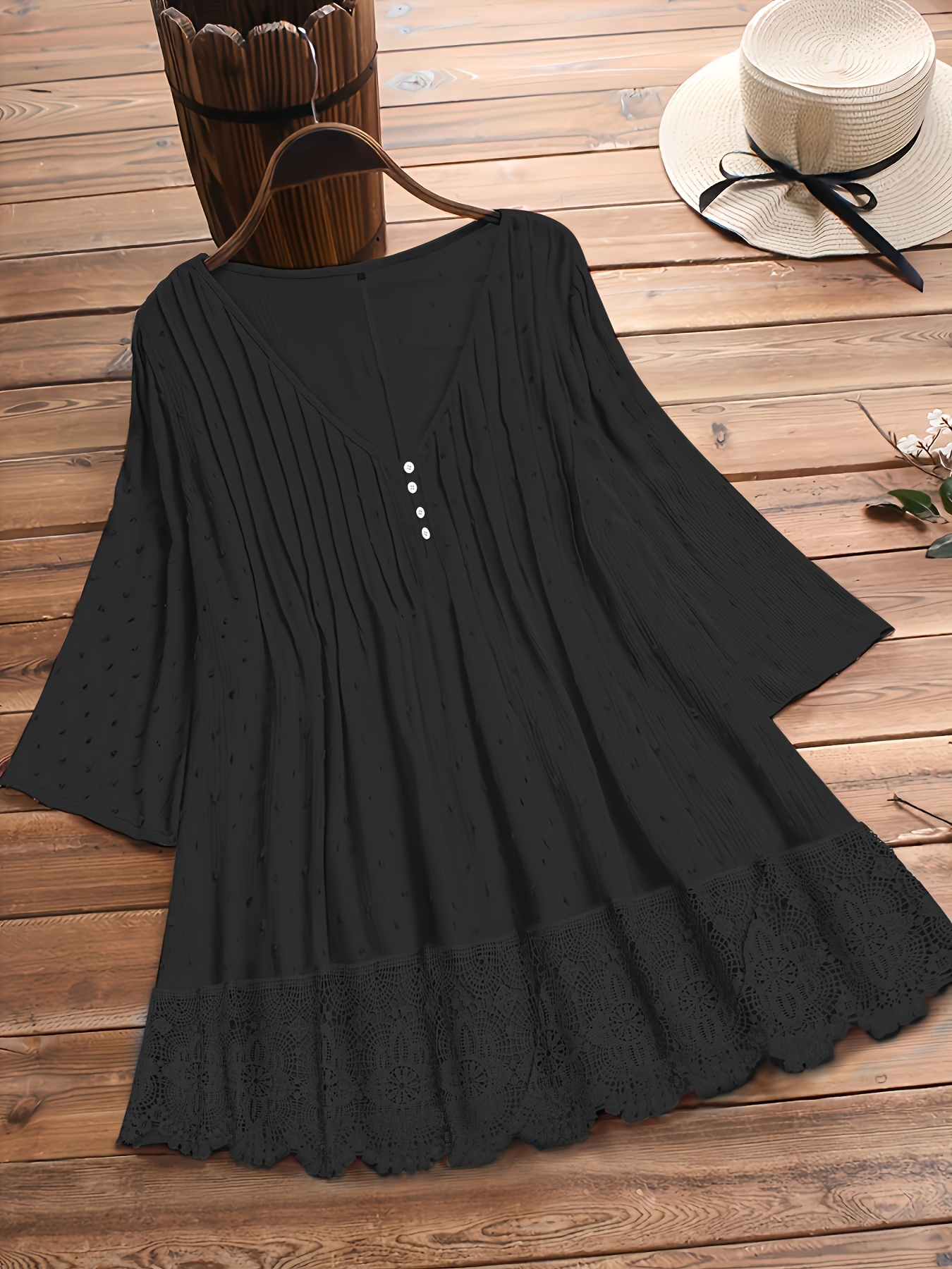 plus size hollow out button decor v neck 3 4 sleeve blouse womens plus ruffle hem casual blouse details 9