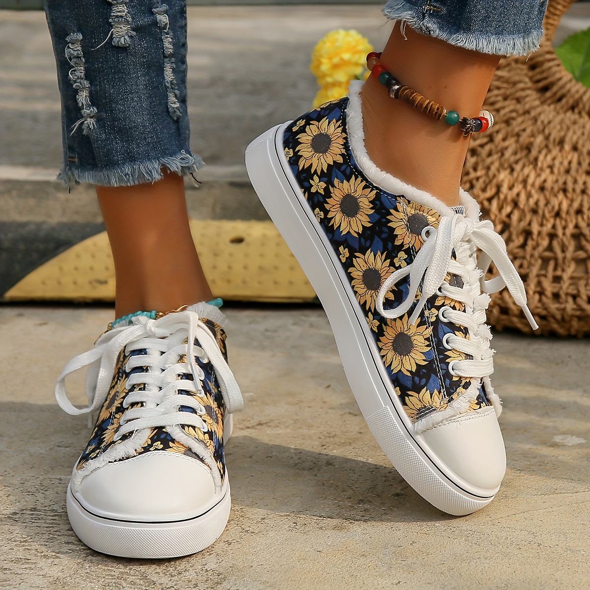 sunflower print canvas sneakers women s versatile lace low details 1