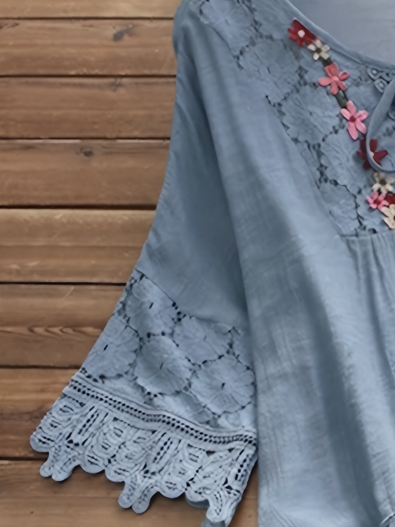 plus size elegant blouse womens plus floral appliques contrast guipure lace short sleeve tie neck top details 8