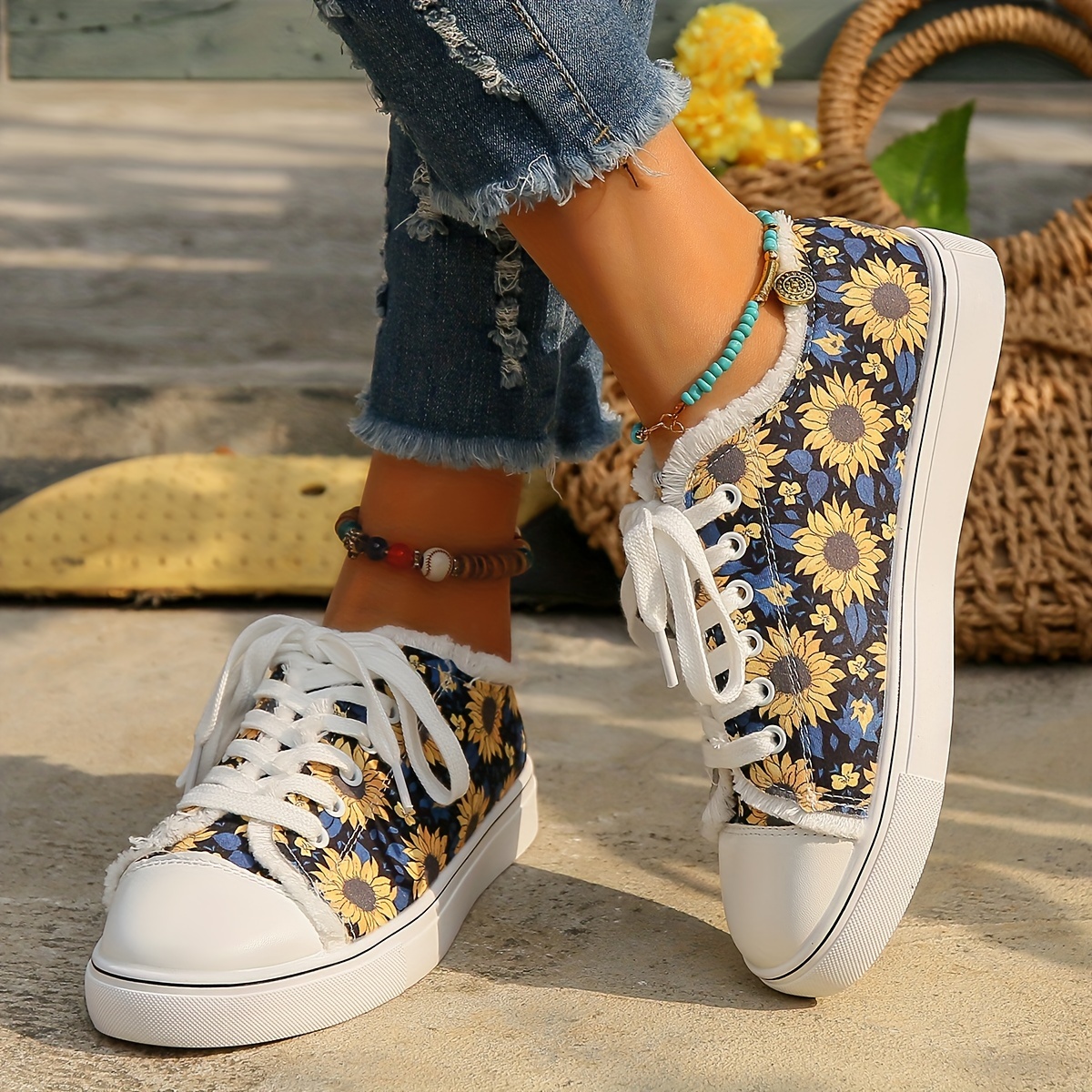sunflower print canvas sneakers women s versatile lace low details 3