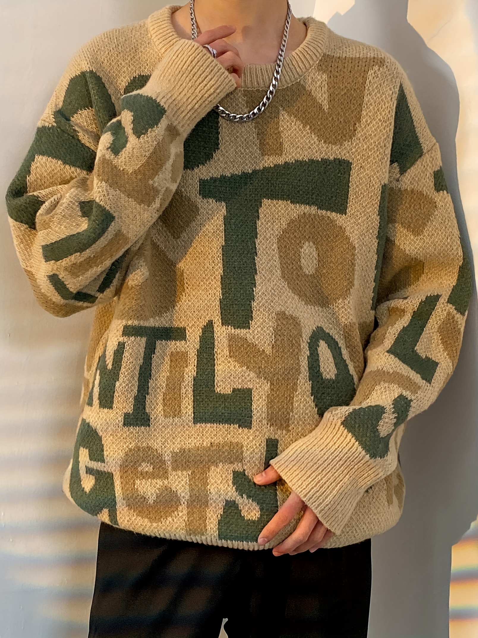 mens stylish loose alphabets pattern knitted sweater casual high stretch breathable long sleeve crew neck top for city walk street hanging outdoor activities details 0