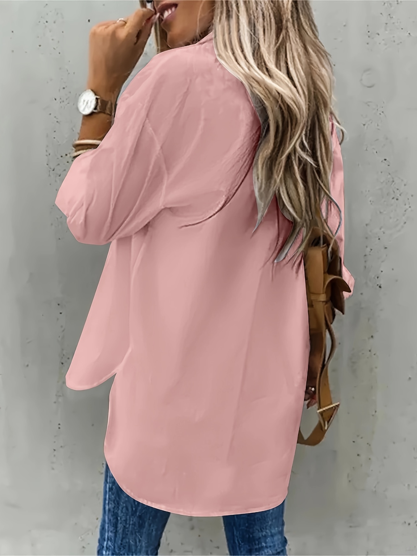 plus size casual blouse womens plus solid long sleeve lapel collar button up shirt top with flap pockets details 10