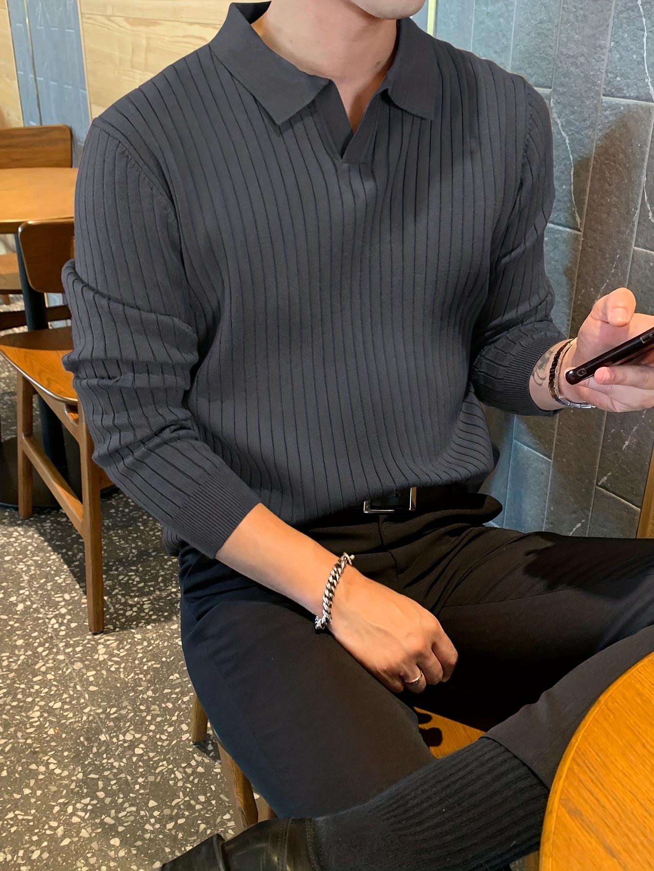 chic knit shirt mens casual stylish lapel middle stretch v neck pullover sweater for winter autumn details 15