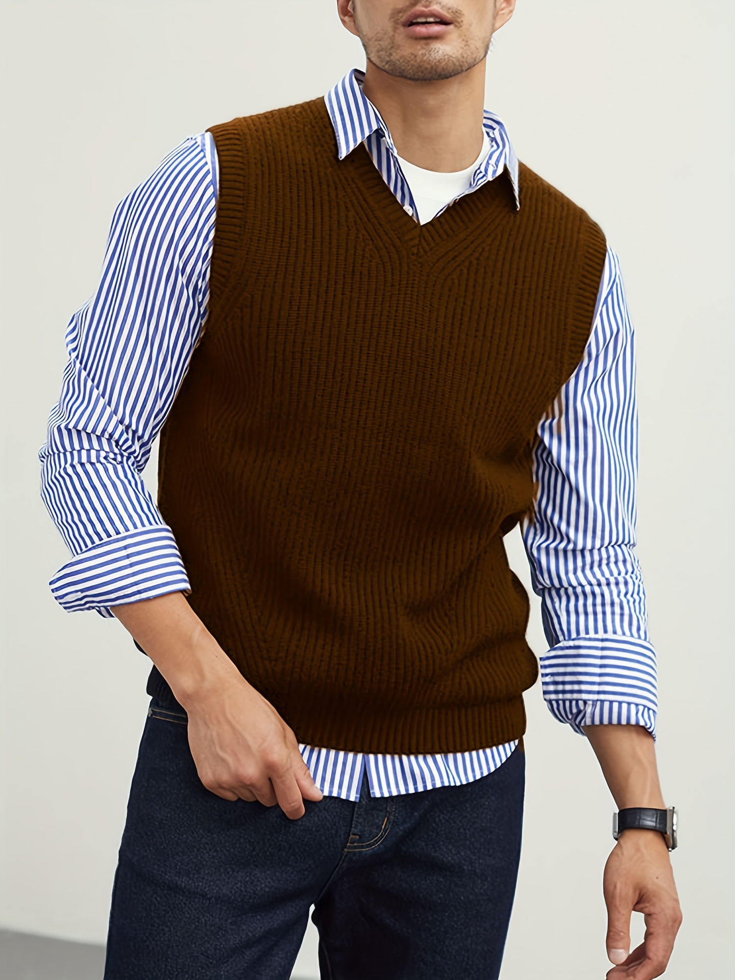 mens v neck sweater vest pullover solid color sleeveless sweaters vest preppy style details 19