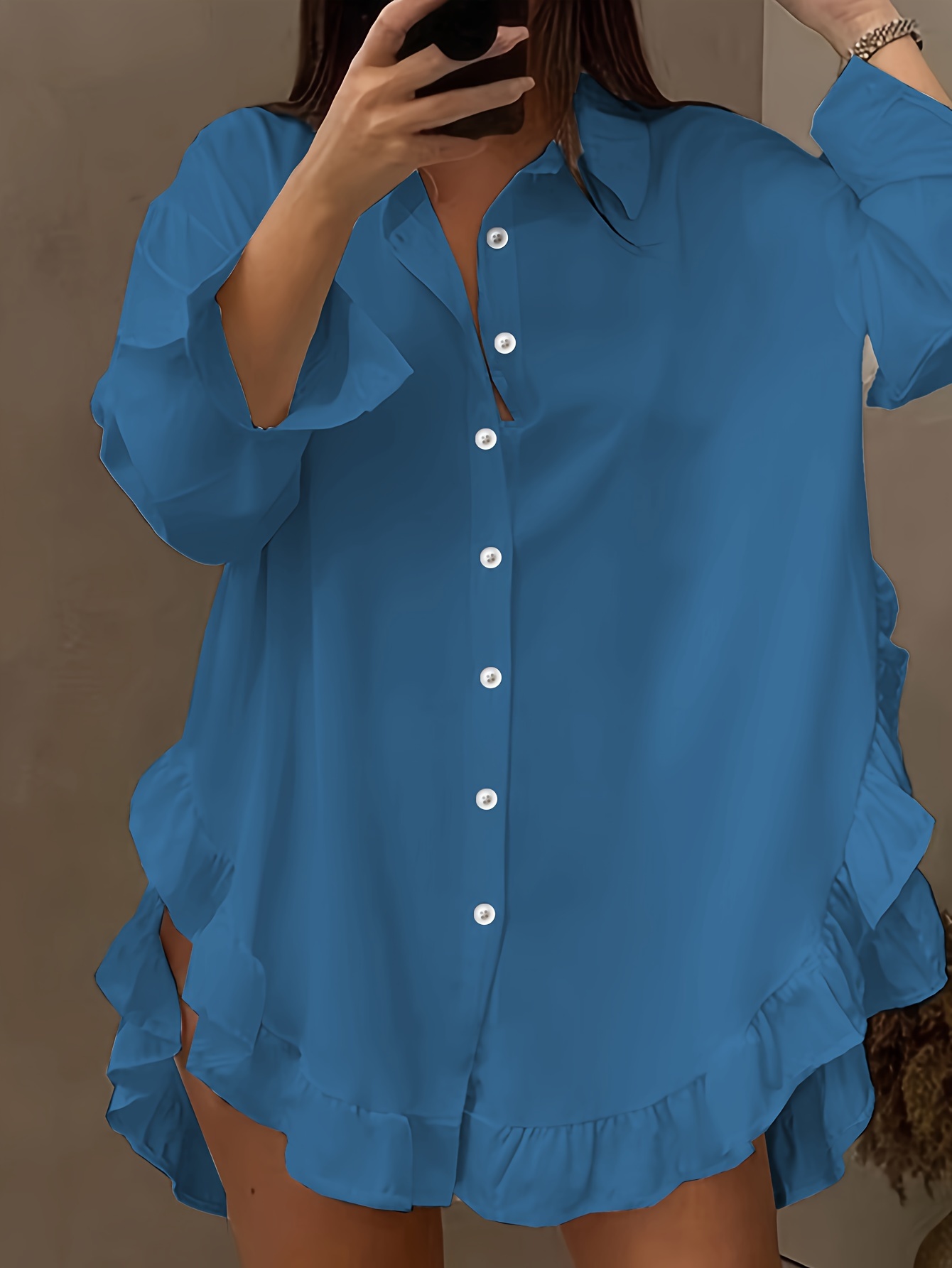 plus size ruffle solid shirt casual long sleeve button front shirt womens plus size clothing details 0