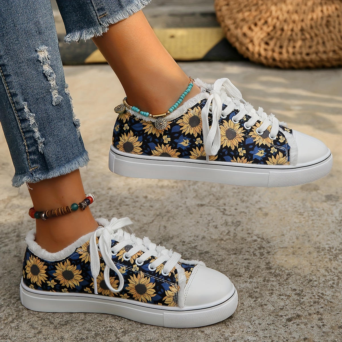 sunflower print canvas sneakers women s versatile lace low details 0
