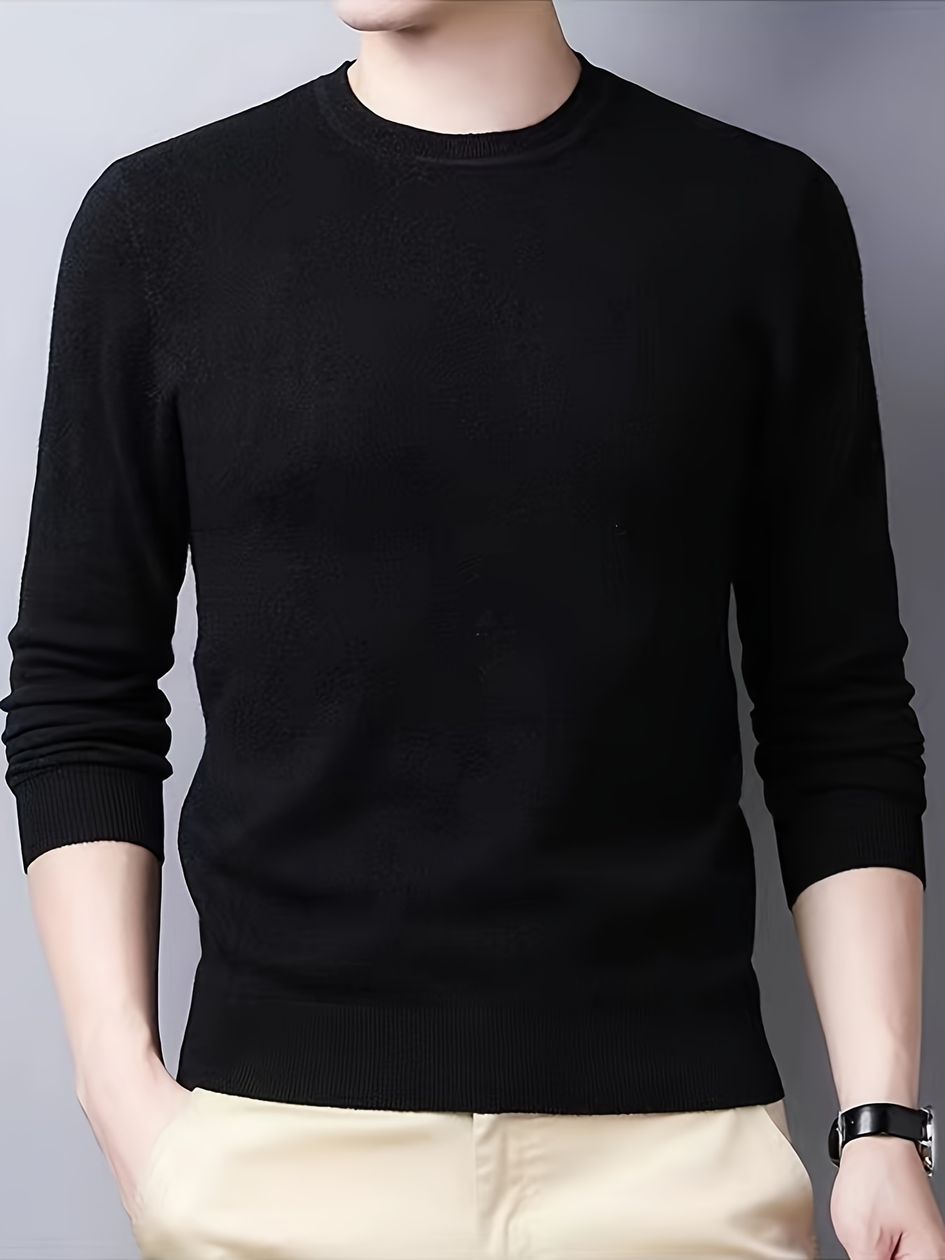 all match knitted solid sweater mens casual warm slightly stretch crew neck pullover sweater for men fall winter details 5