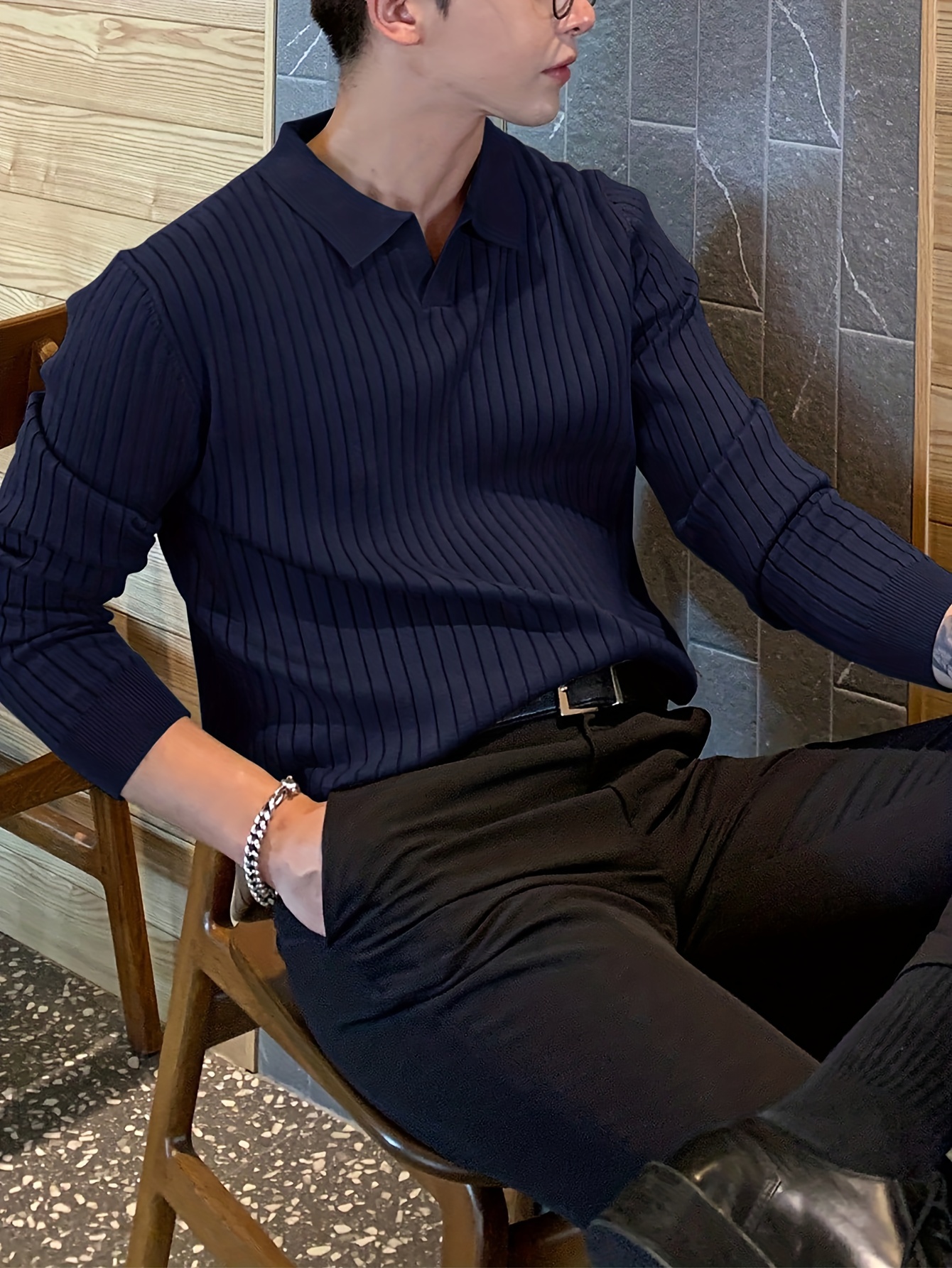 chic knit shirt mens casual stylish lapel middle stretch v neck pullover sweater for winter autumn details 8