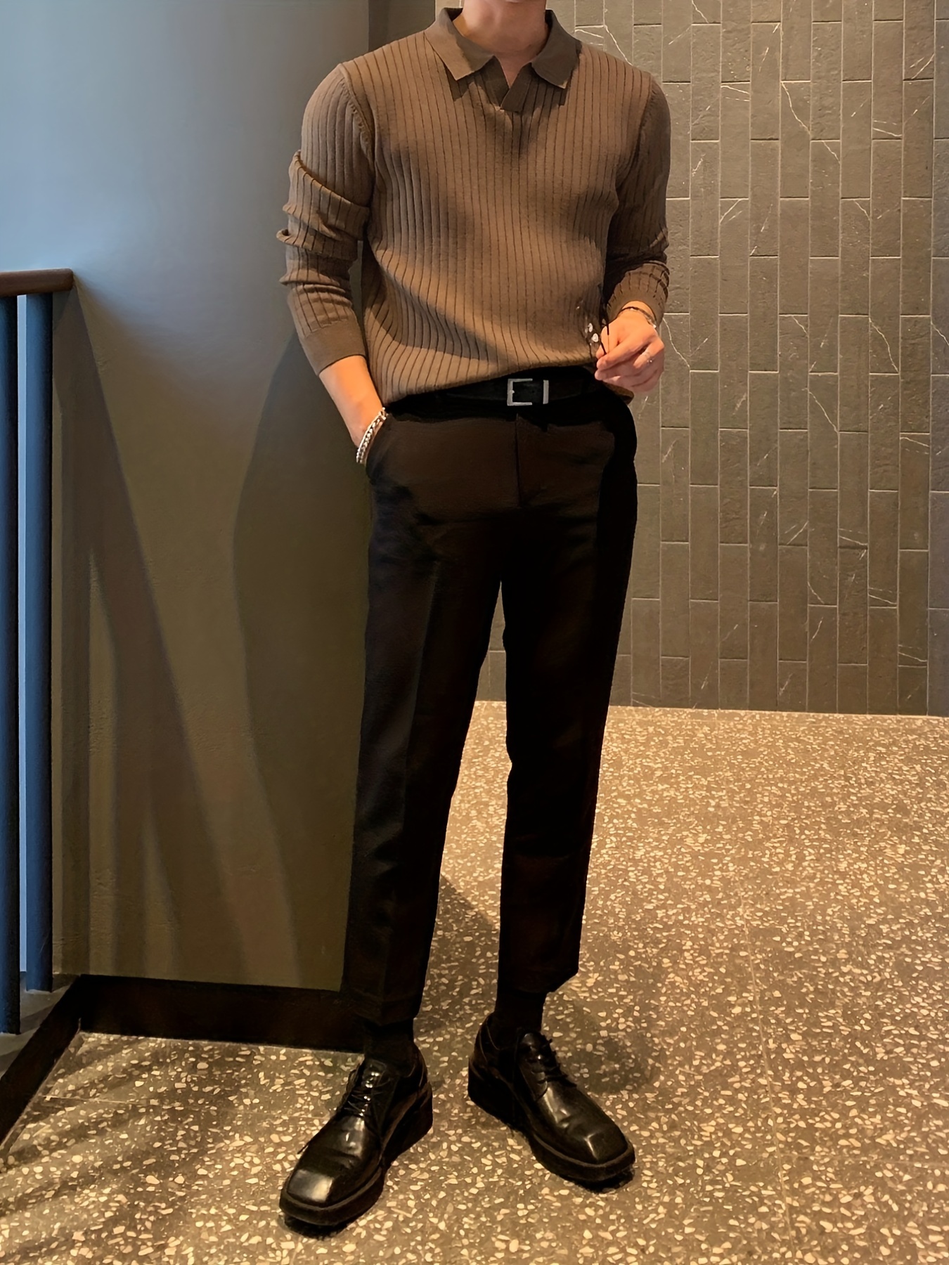 chic knit shirt mens casual stylish lapel middle stretch v neck pullover sweater for winter autumn details 6