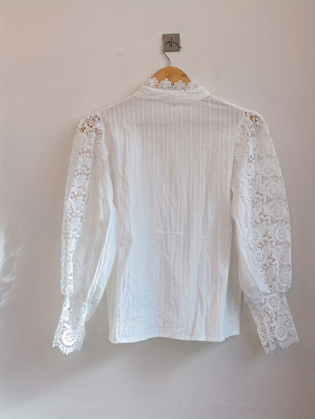 Plus Size Floral Pattern Hollow Out Blouse, Elegant Mock Neck Button Front Long Sleeve Blouse For Spring & Fall, Women s Plus Size Clothing details 4