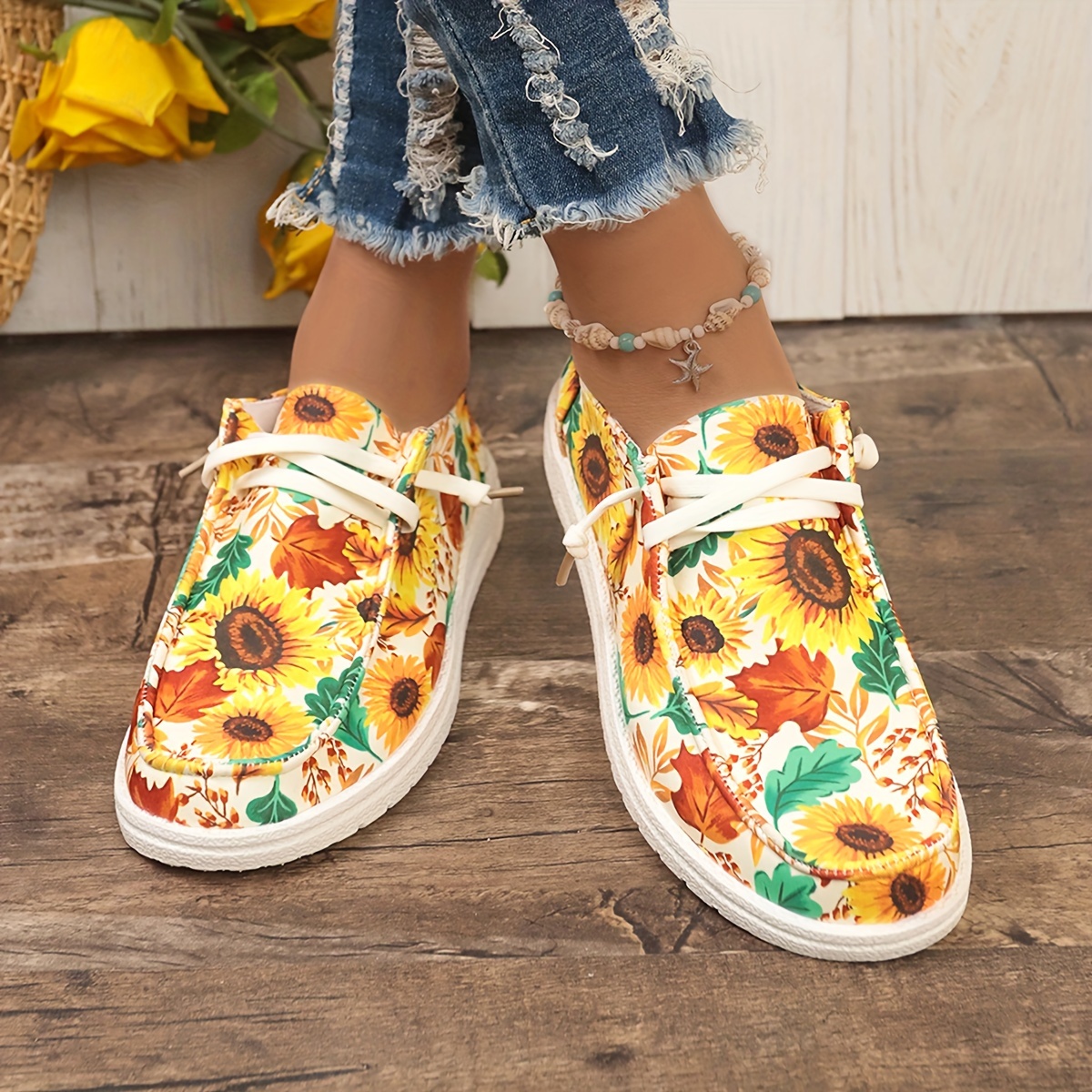 sunflower pattern canvas shoes women s casual round toe low details 2