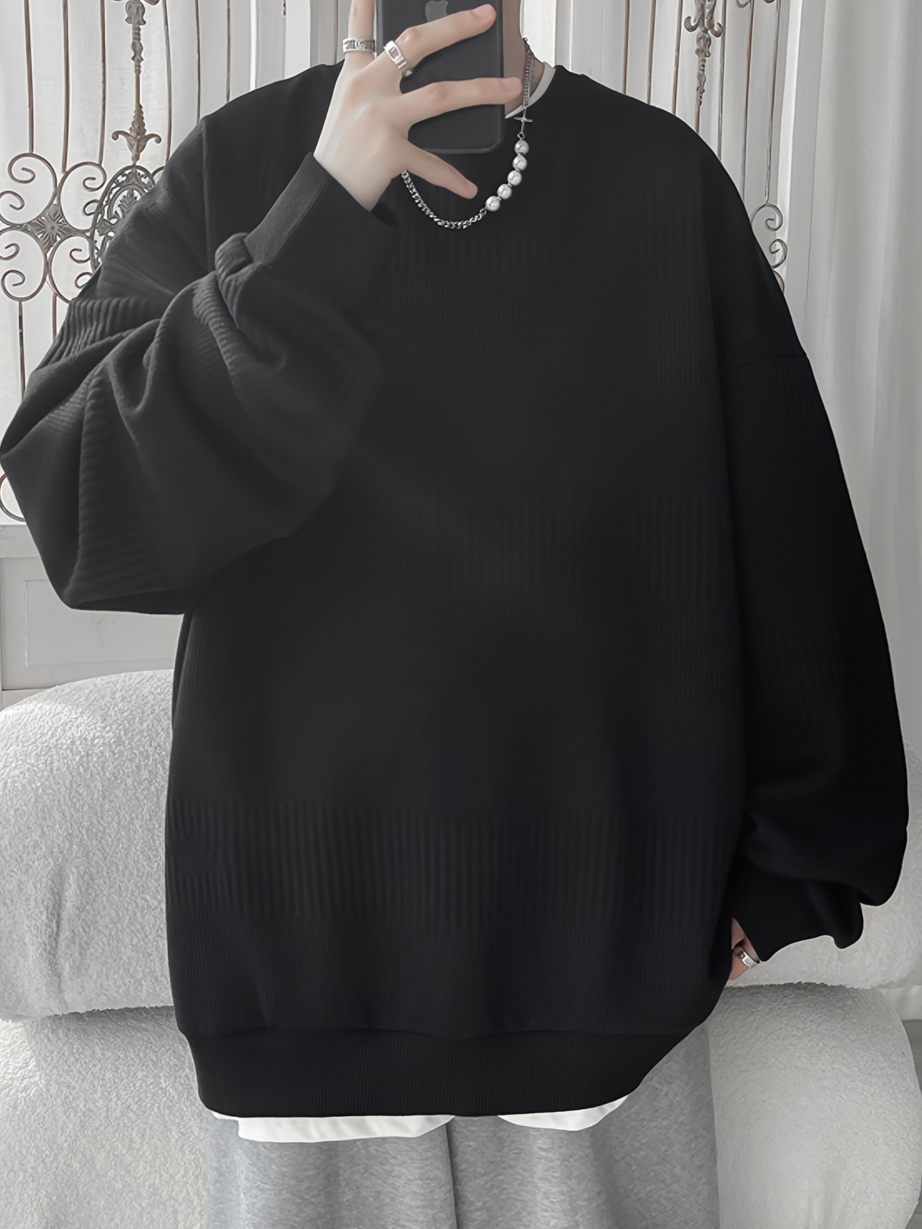 mens solid knitted pullover casual breathable long sleeve crew neck top for outdoor activities details 5