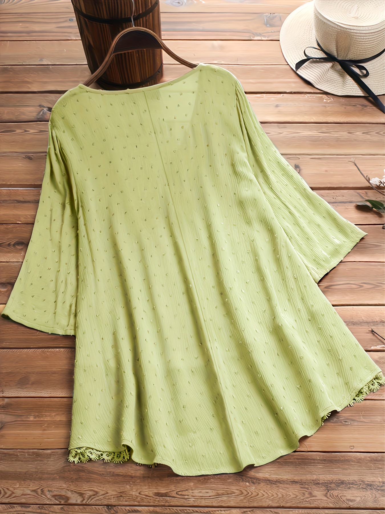 plus size hollow out button decor v neck 3 4 sleeve blouse womens plus ruffle hem casual blouse details 13