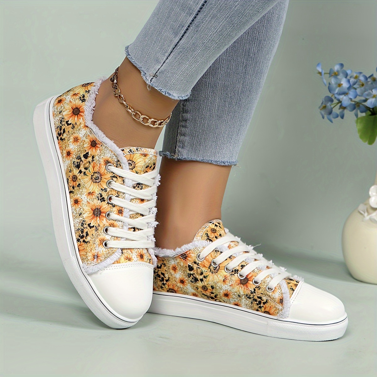 sunflower printed canvas shoes women s casual lace outdoor details 4