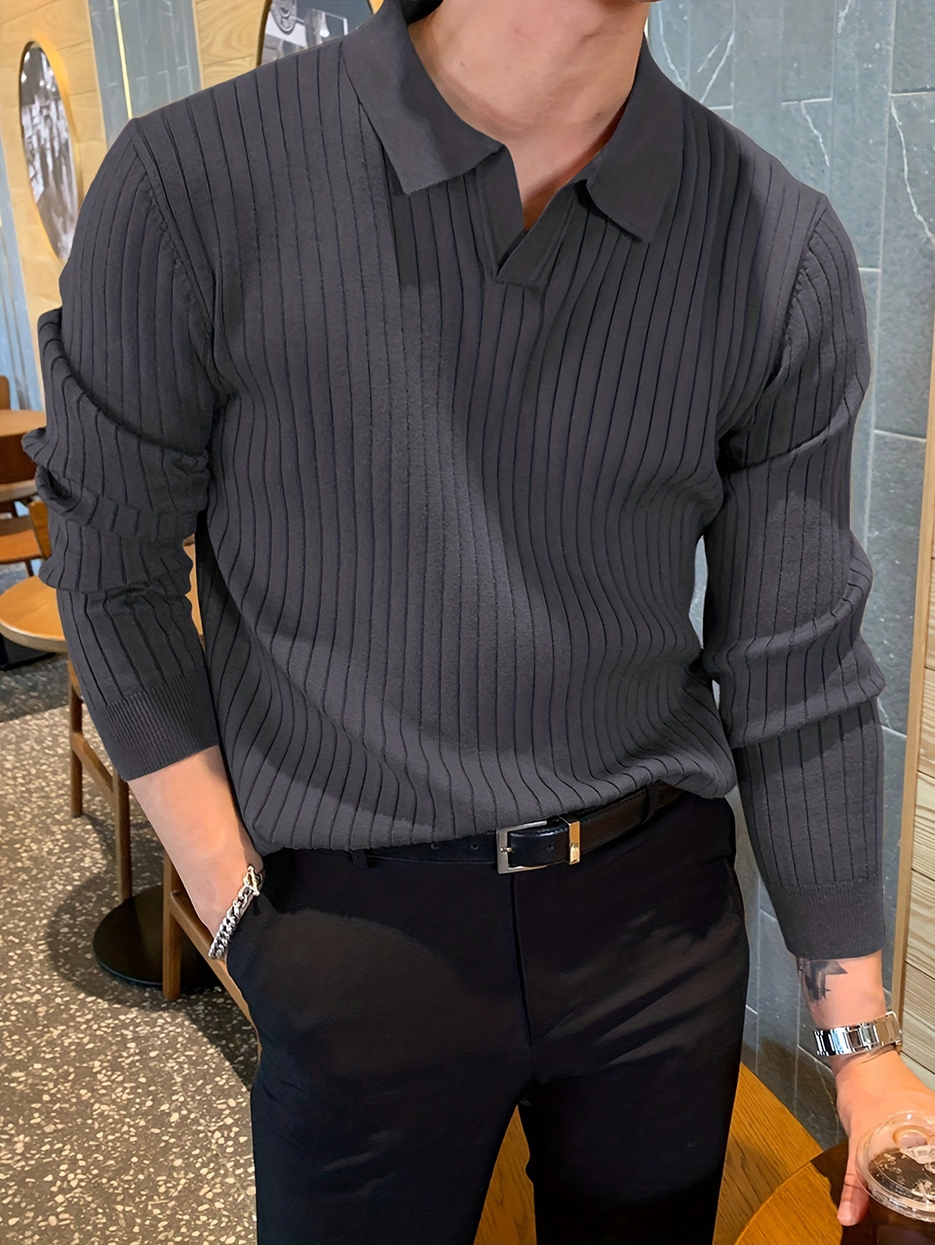 chic knit shirt mens casual stylish lapel middle stretch v neck pullover sweater for winter autumn details 13