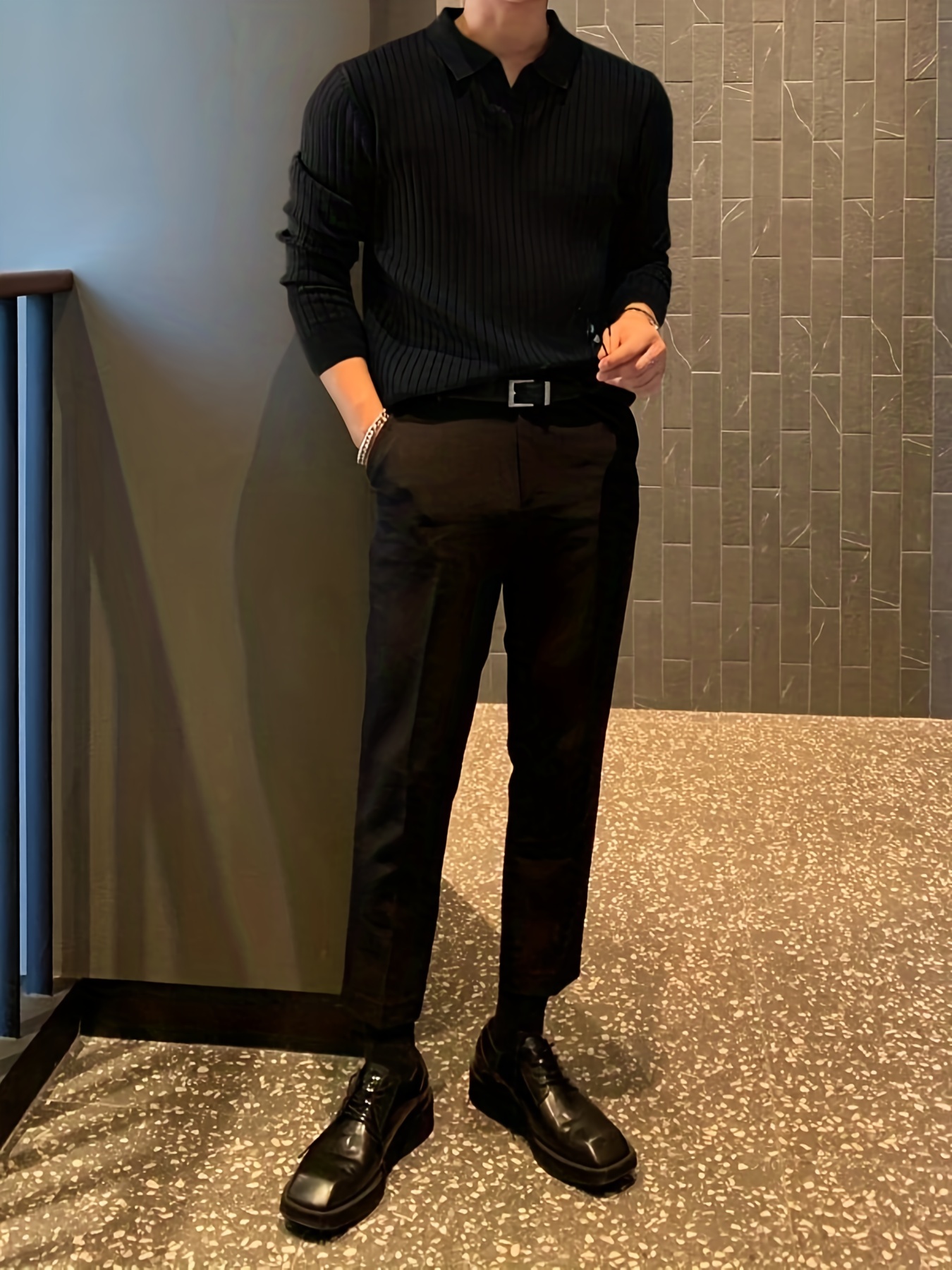 chic knit shirt mens casual stylish lapel middle stretch v neck pullover sweater for winter autumn details 39