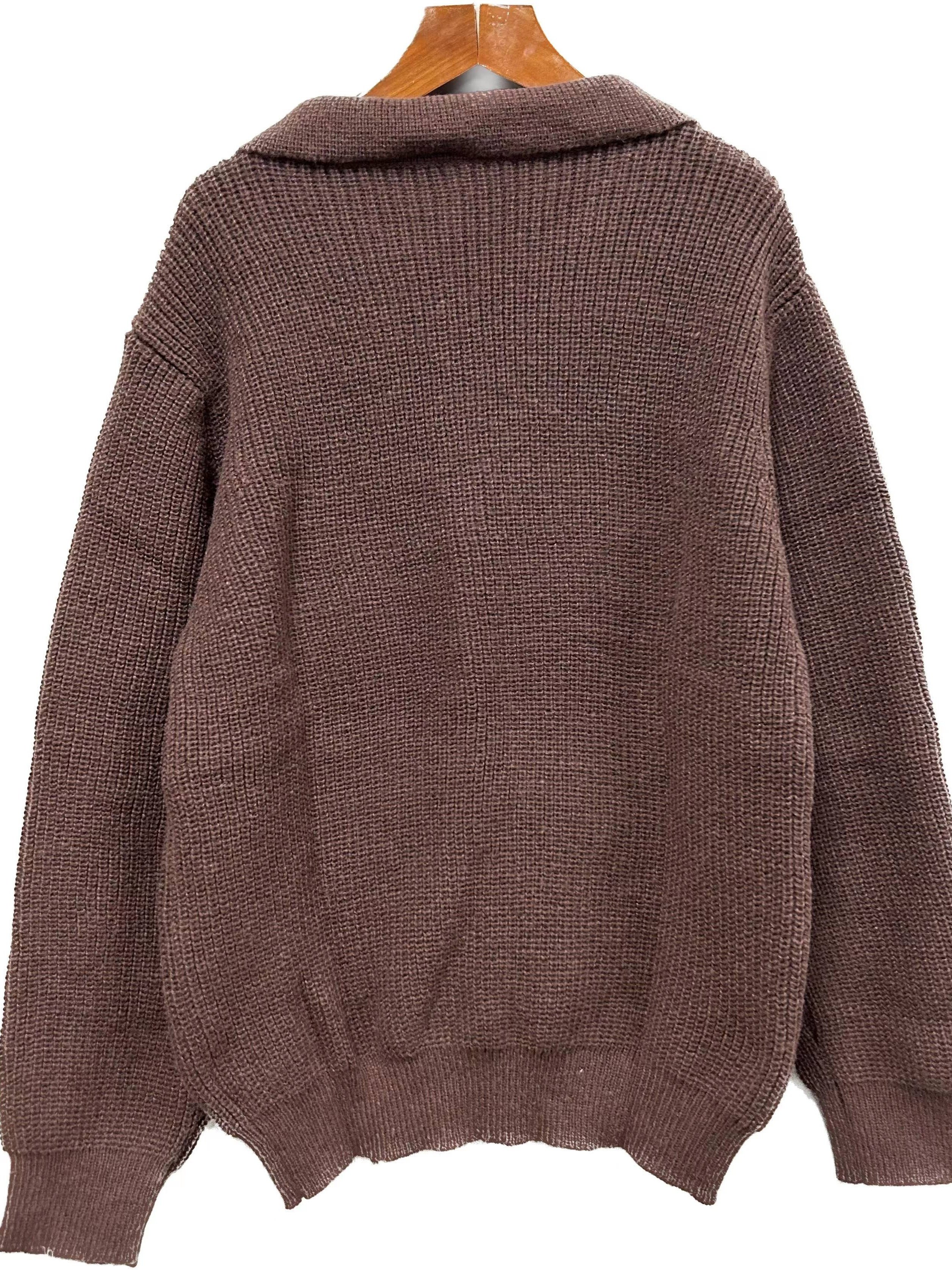 mens stylish solid knitted shirt casual slightly stretch breathable lapel zip up long sleeve shirt top for city walk street hanging details 9