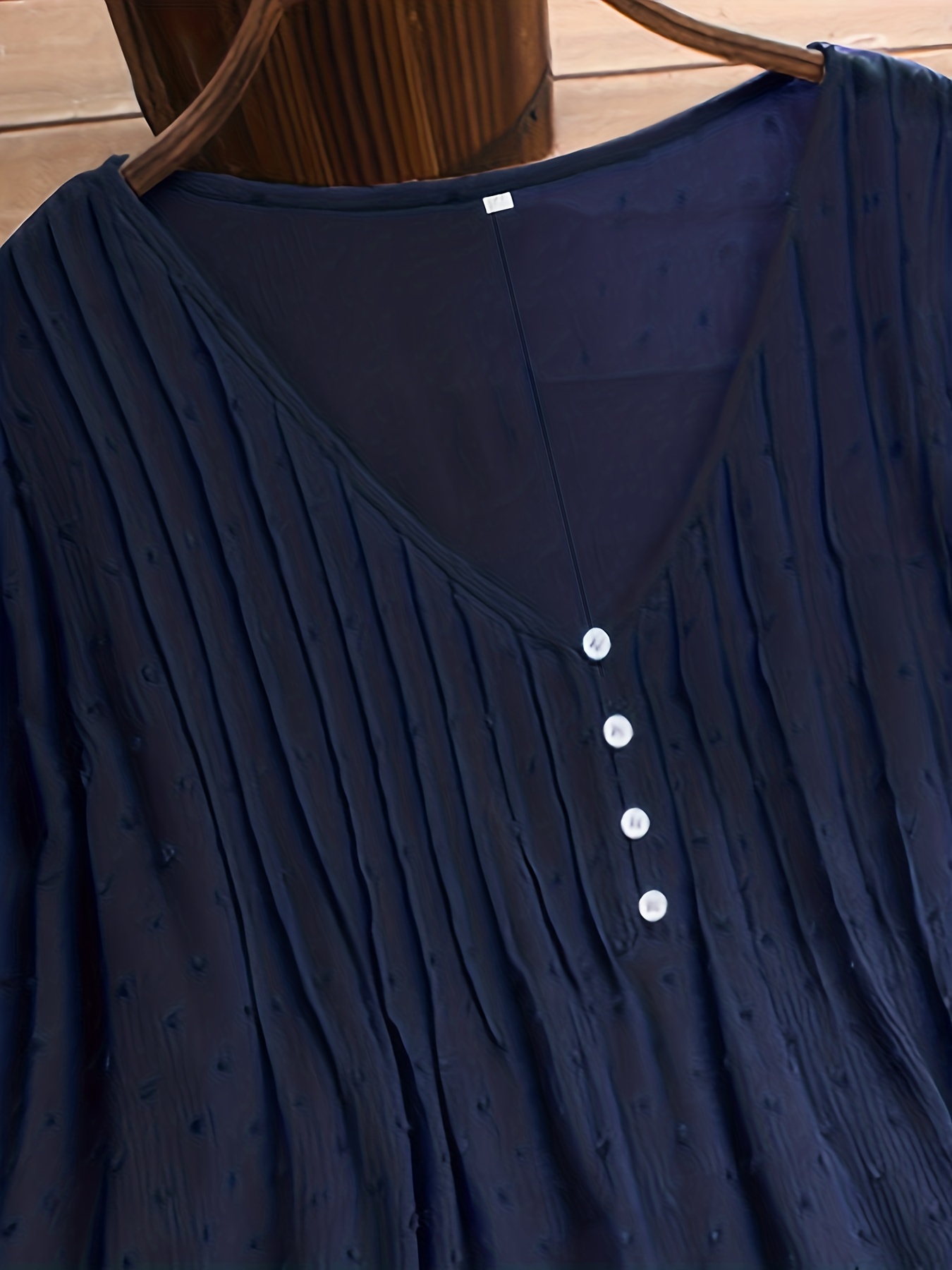 plus size hollow out button decor v neck 3 4 sleeve blouse womens plus ruffle hem casual blouse details 22