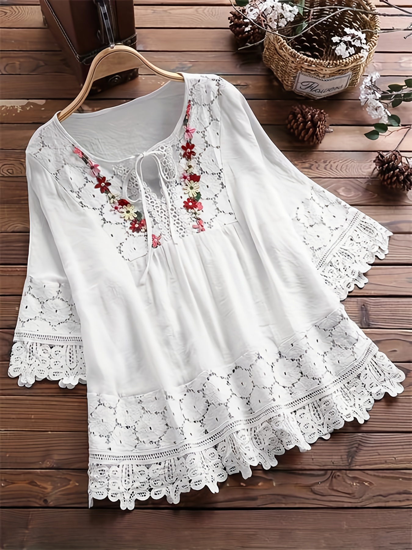 plus size elegant blouse womens plus floral appliques contrast guipure lace short sleeve tie neck top details 10