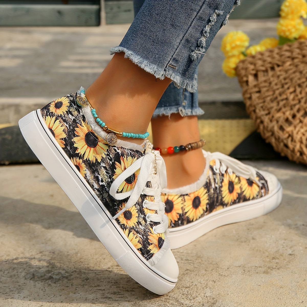 print canvas sneakers women s sunflowers casual lace low top details 2