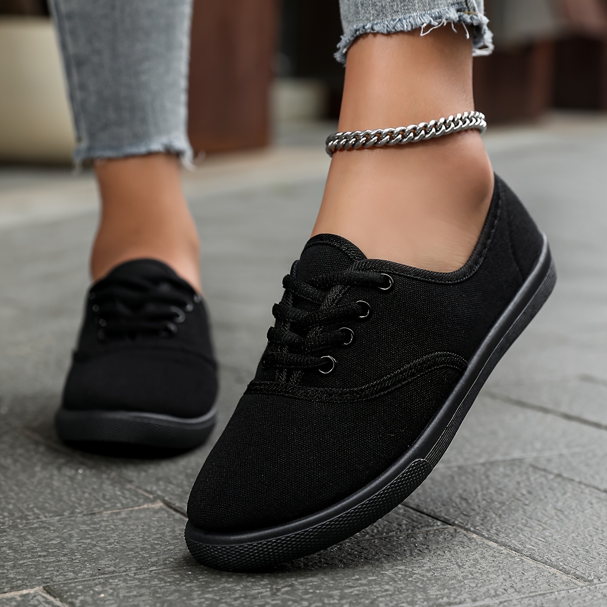 women s solid color canvas shoes casual lace outdoor shoes details 4