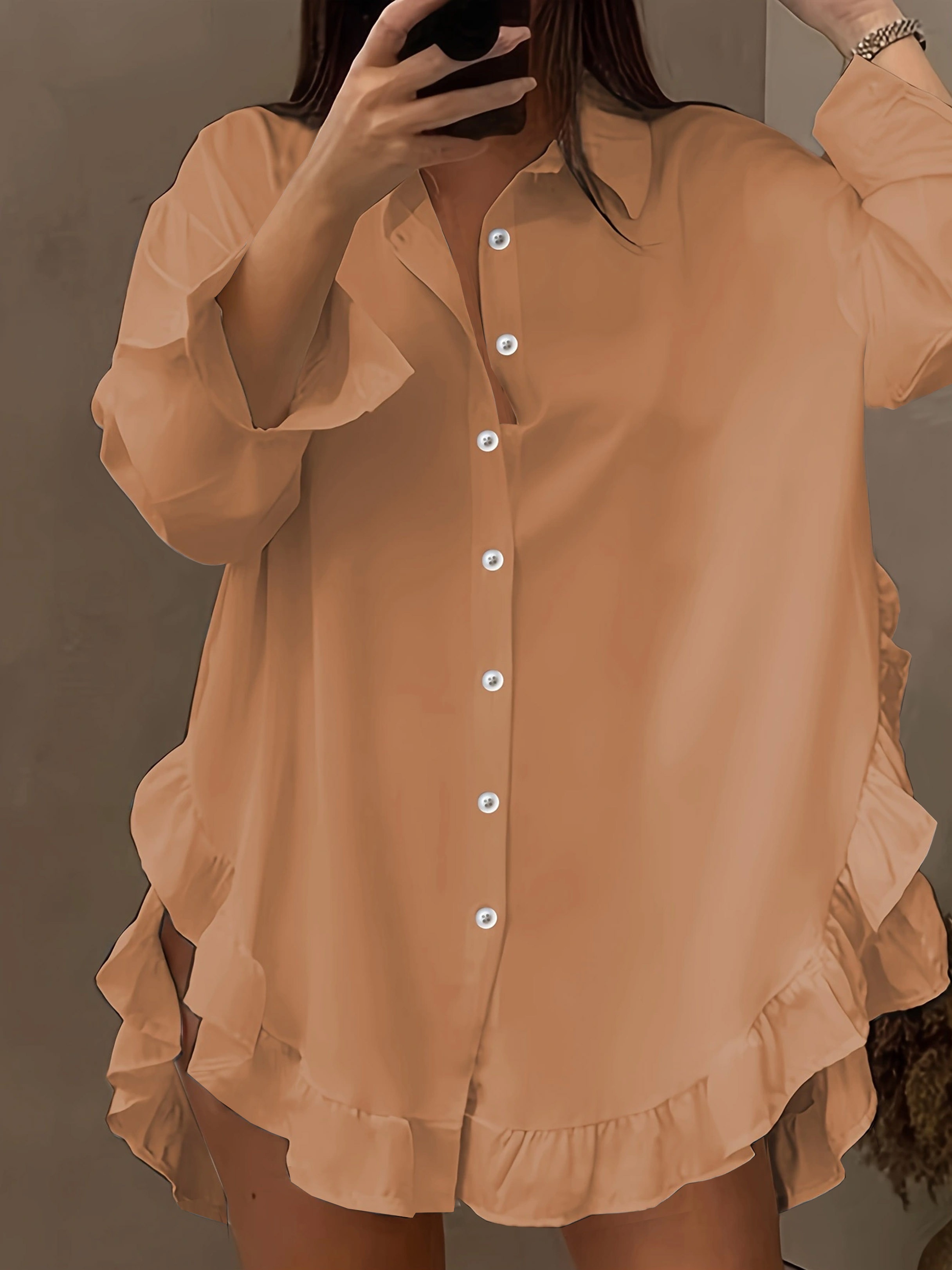 plus size ruffle solid shirt casual long sleeve button front shirt womens plus size clothing details 4