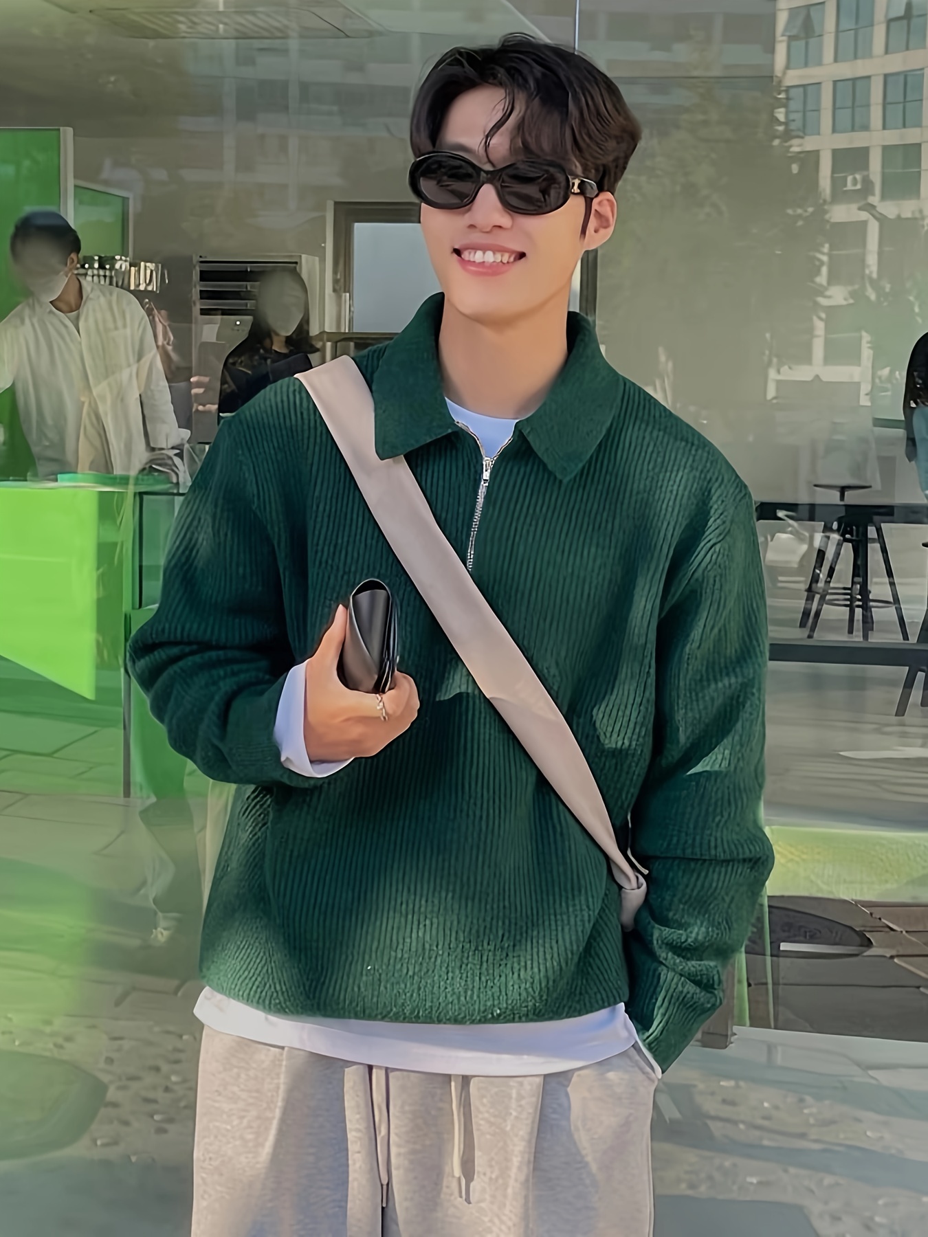 mens stylish solid knitted shirt casual slightly stretch breathable lapel zip up long sleeve shirt top for city walk street hanging details 29