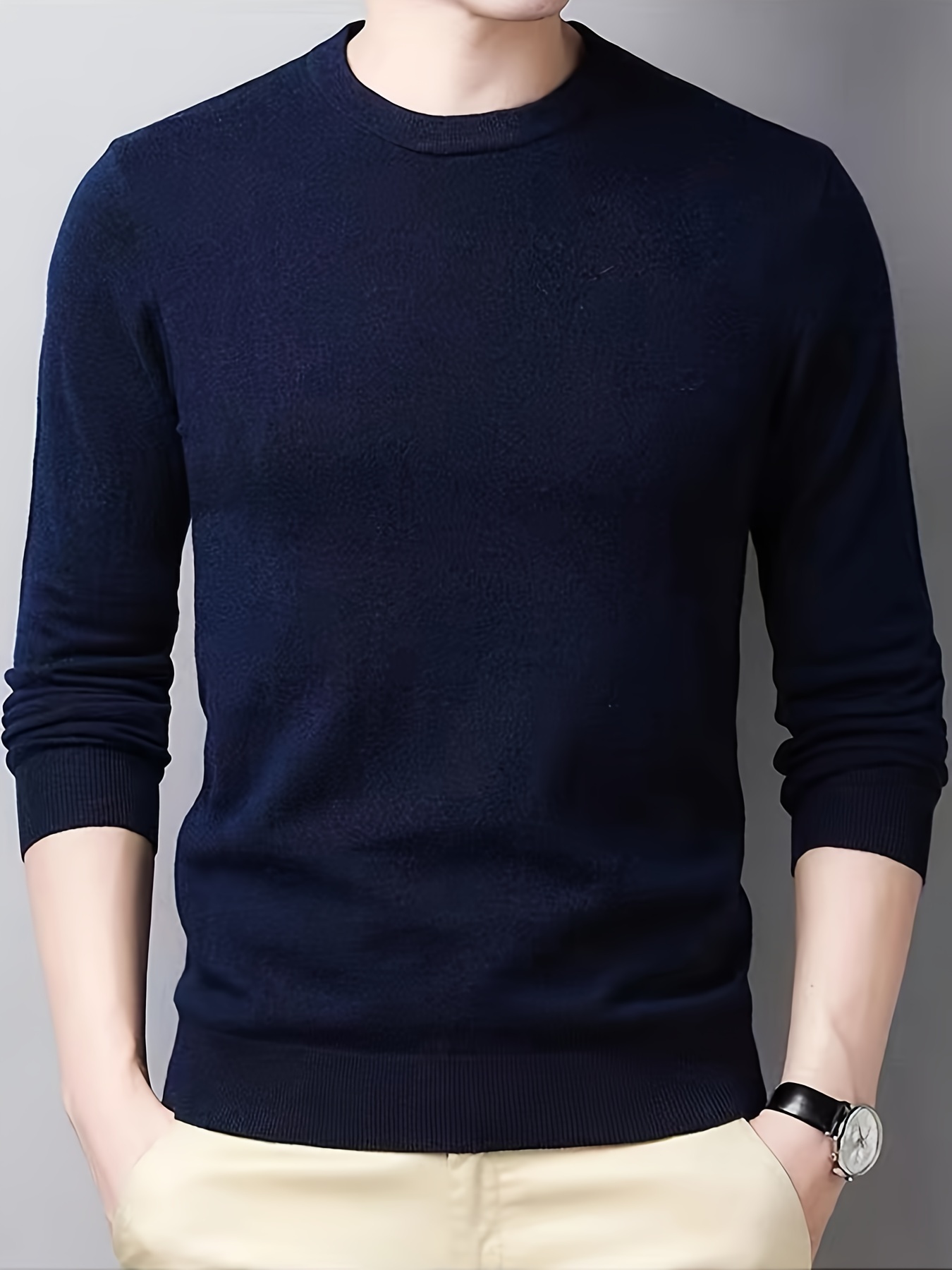 all match knitted solid sweater mens casual warm slightly stretch crew neck pullover sweater for men fall winter details 10
