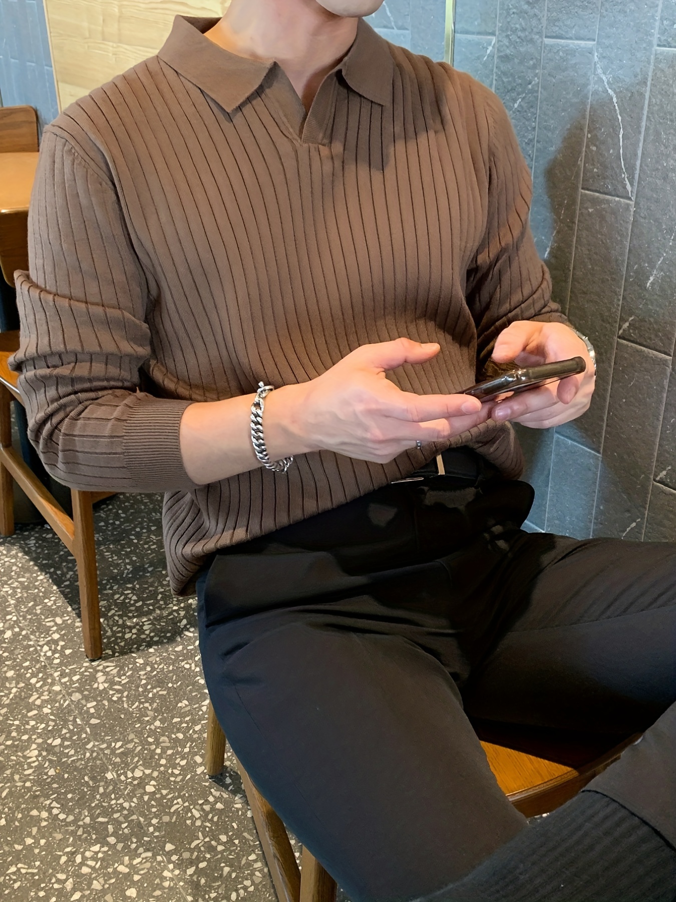 chic knit shirt mens casual stylish lapel middle stretch v neck pullover sweater for winter autumn details 1