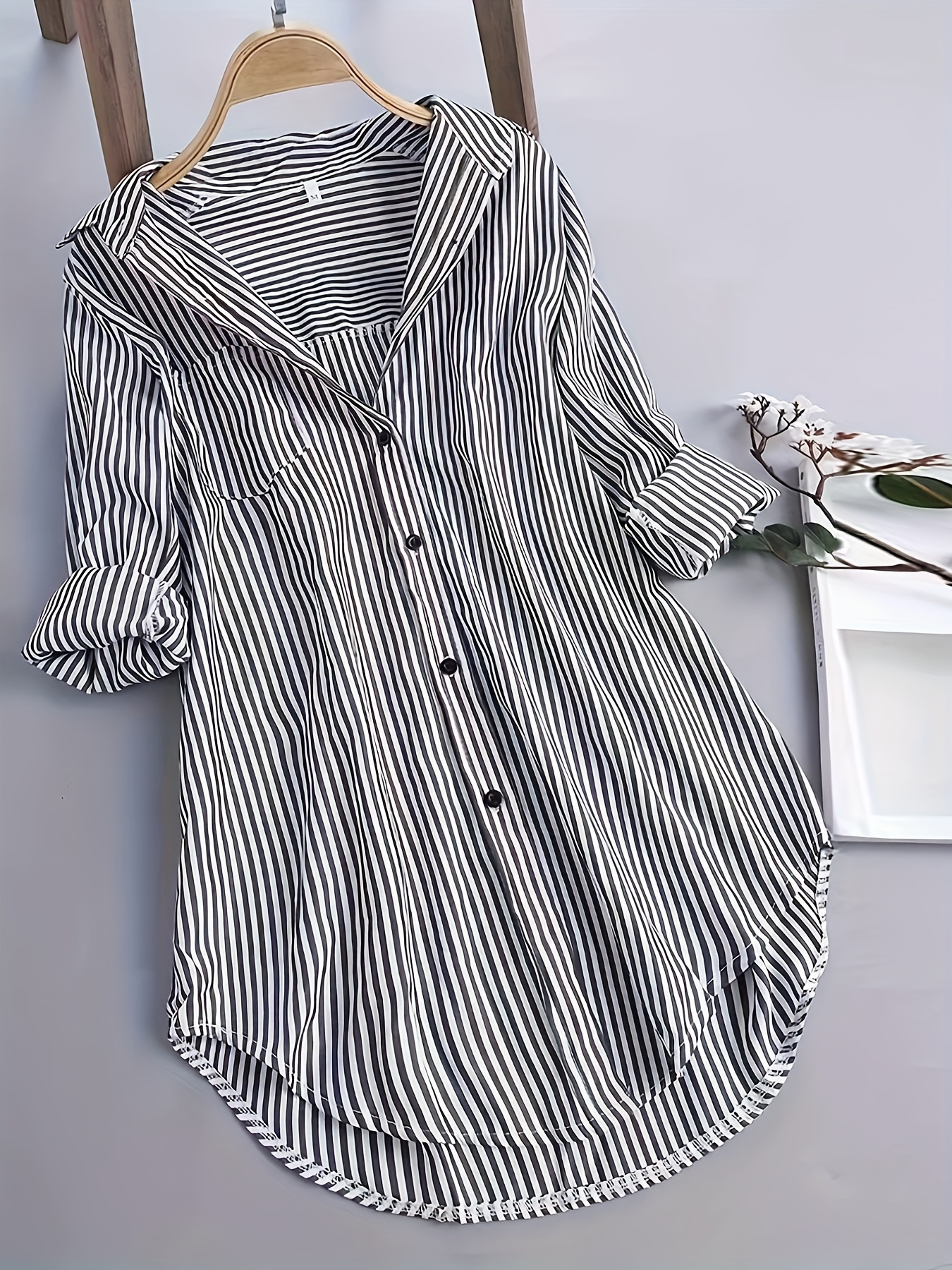 plus size casual blouse womens plus nautical stripe print button up long sleeve turn down collar blouse details 0