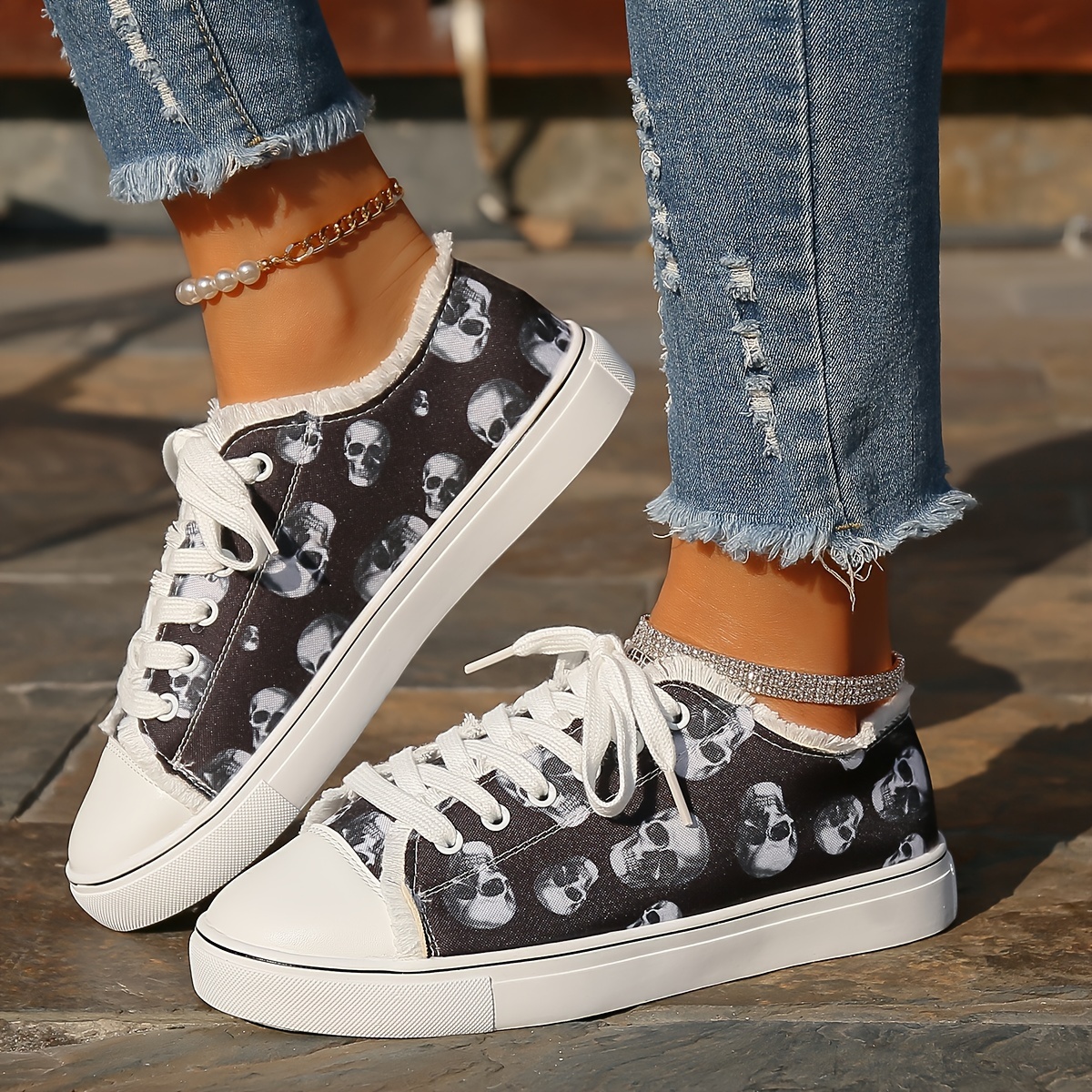 flat canvas sneakers women s halloween skull print low top details 0