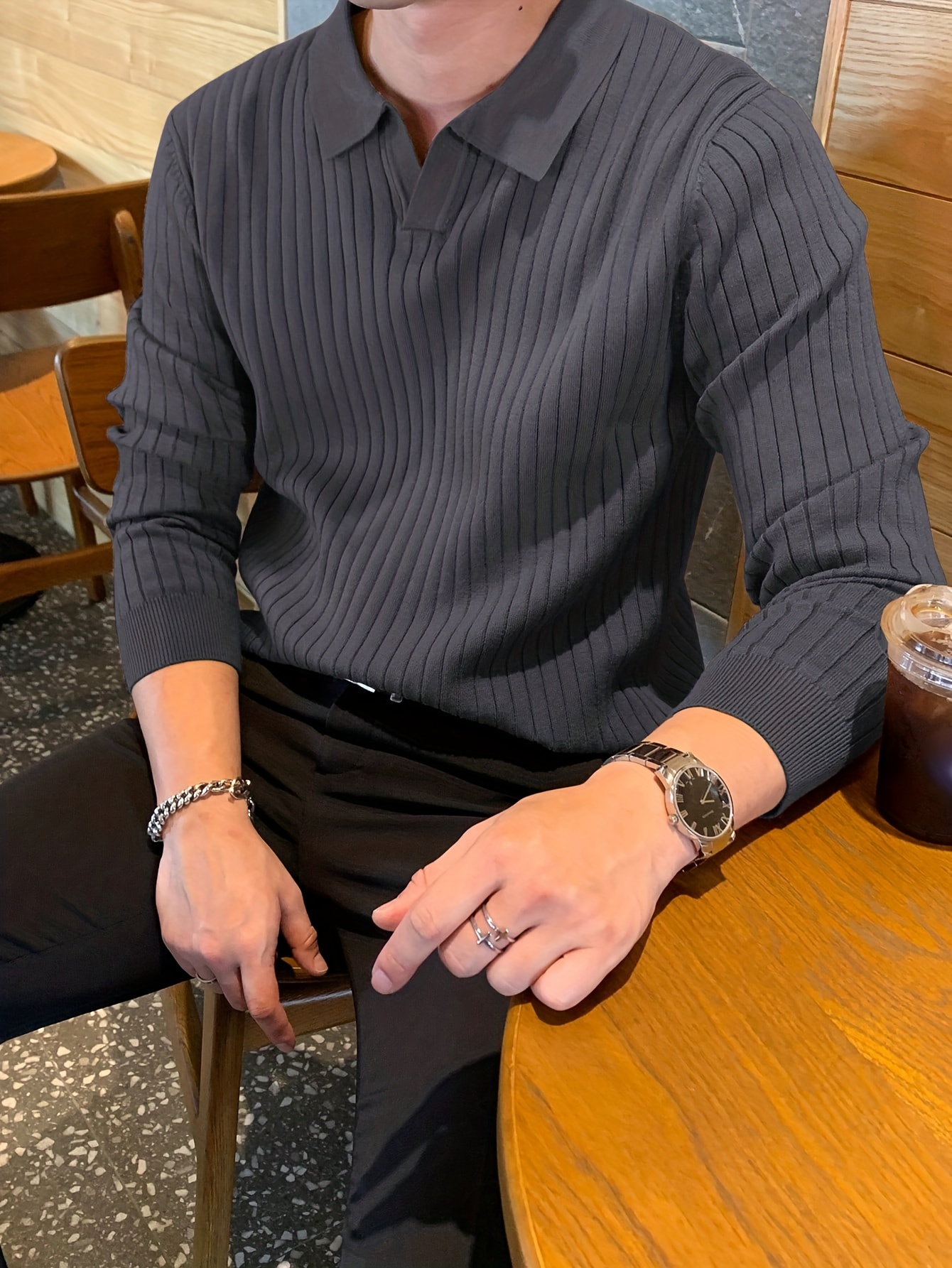 chic knit shirt mens casual stylish lapel middle stretch v neck pullover sweater for winter autumn details 16