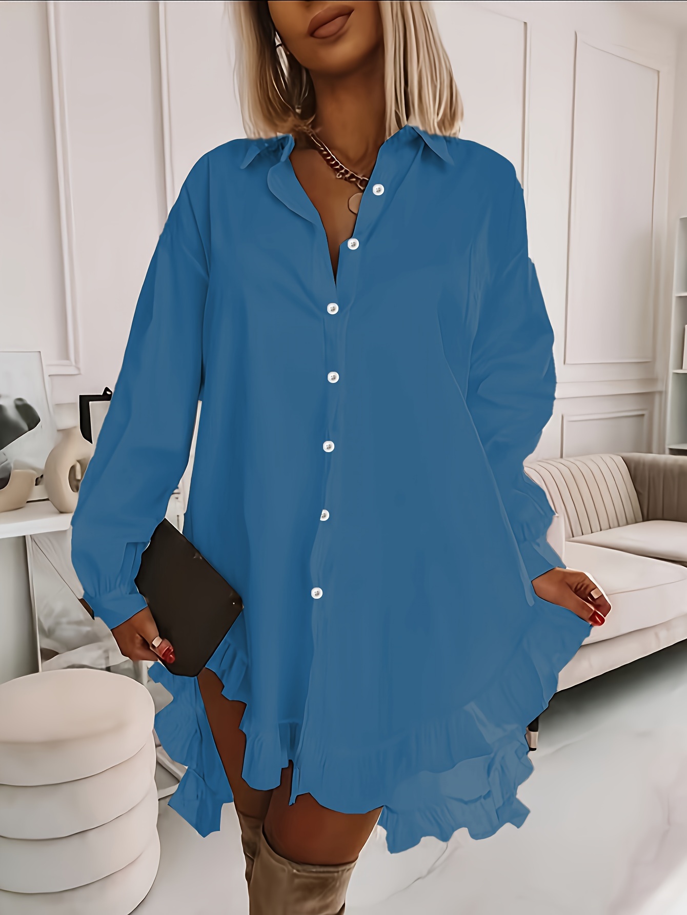 plus size ruffle solid shirt casual long sleeve button front shirt womens plus size clothing details 2