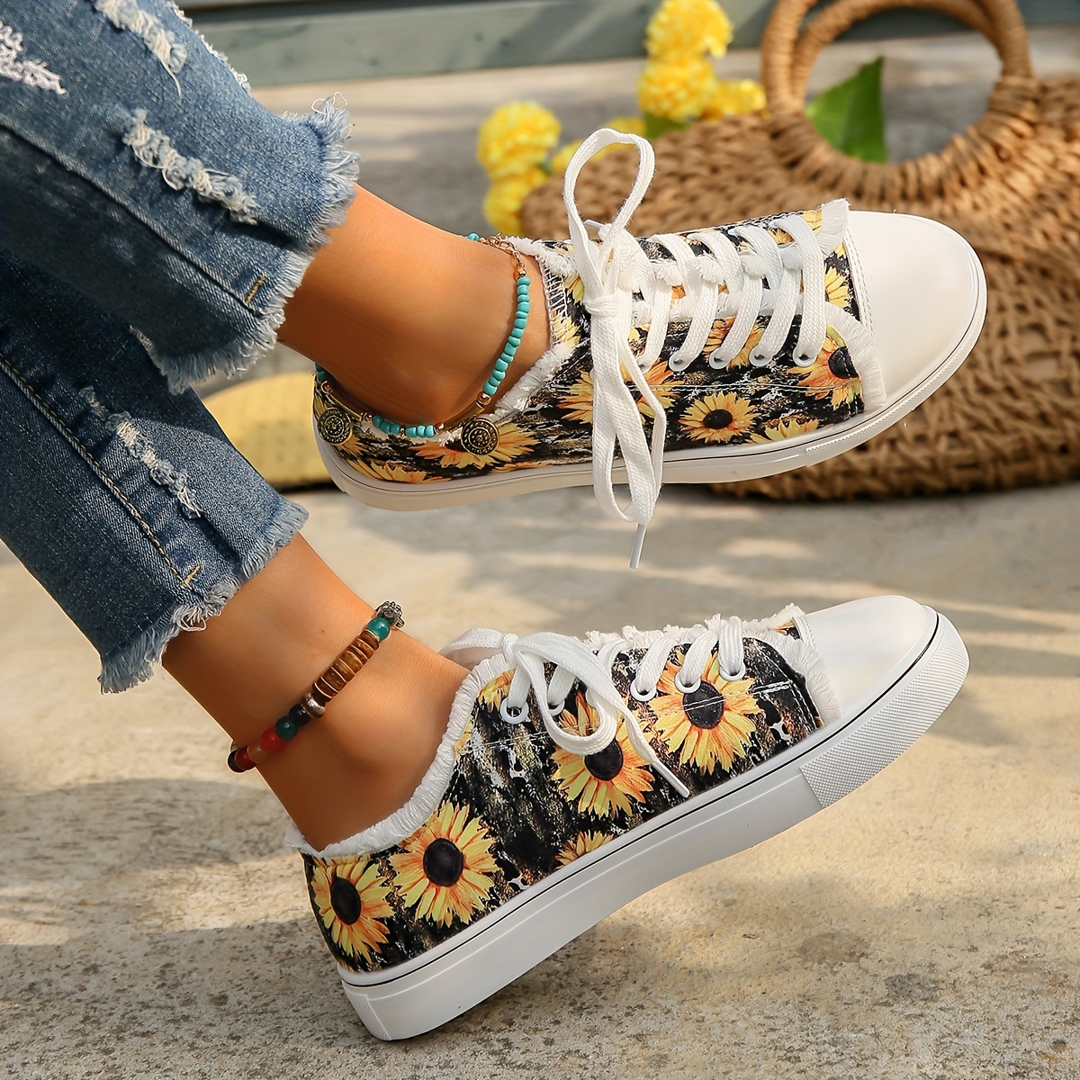 print canvas sneakers women s sunflowers casual lace low top details 0