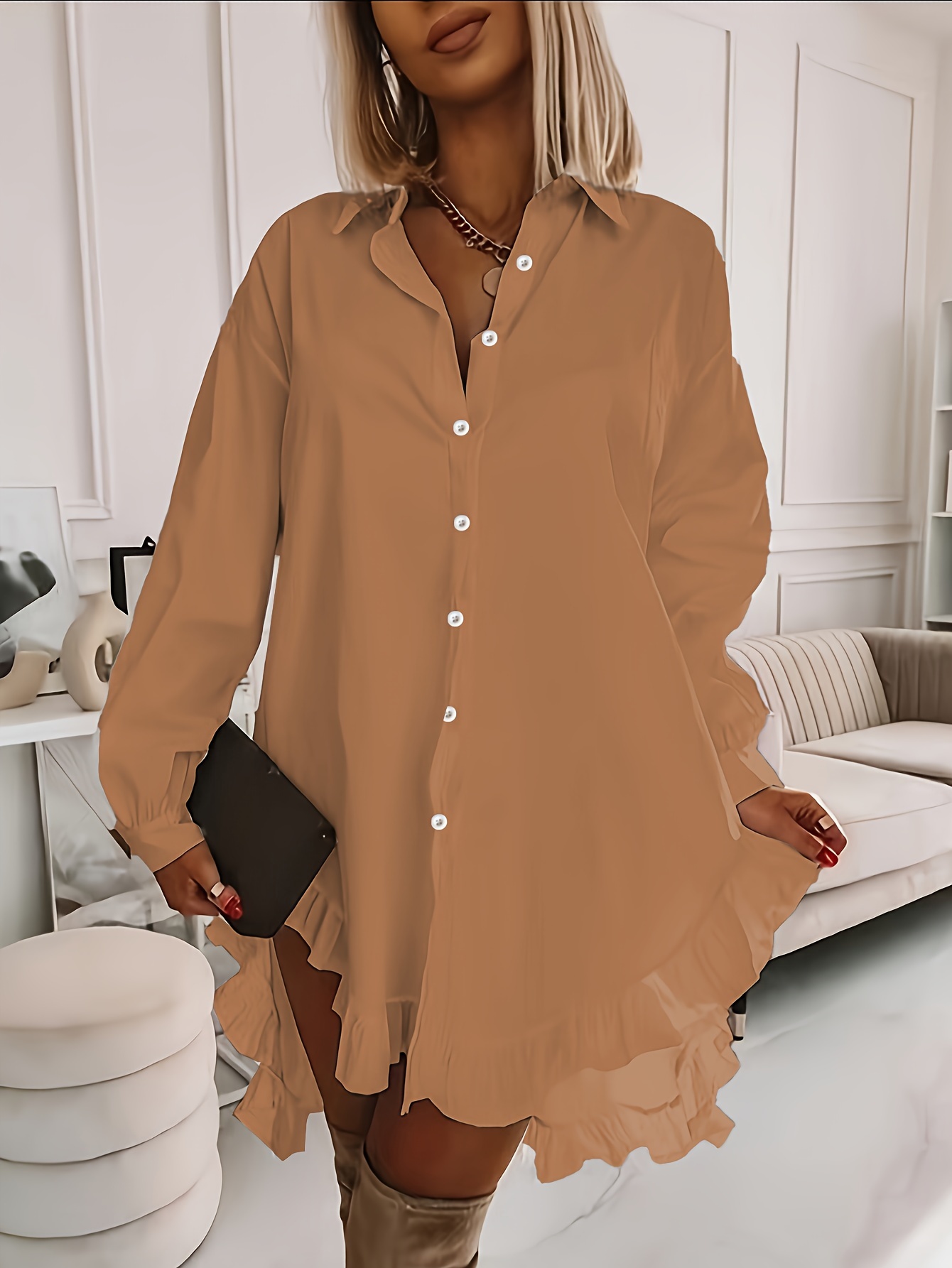 plus size ruffle solid shirt casual long sleeve button front shirt womens plus size clothing details 6