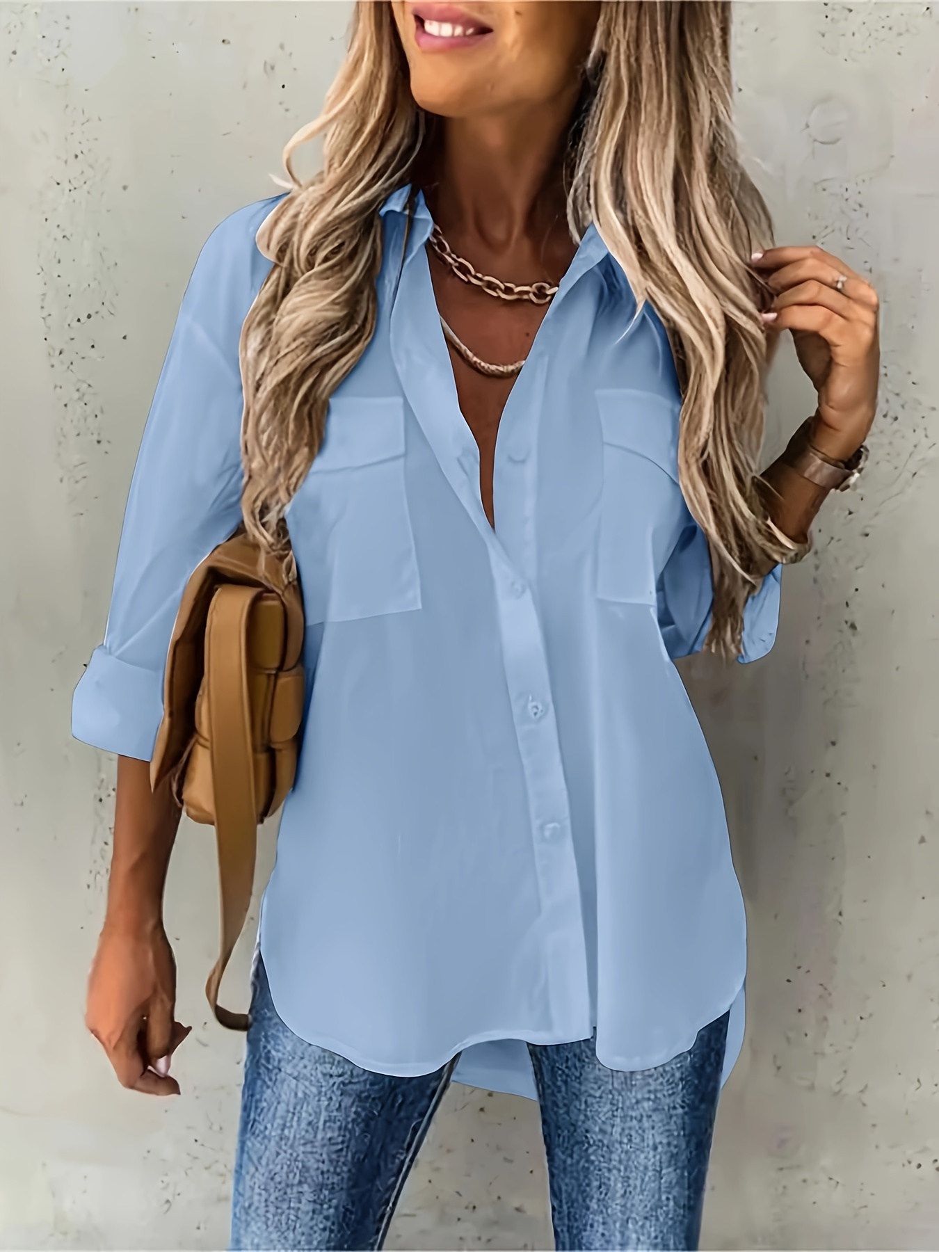 plus size casual blouse womens plus solid long sleeve lapel collar button up shirt top with flap pockets details 0