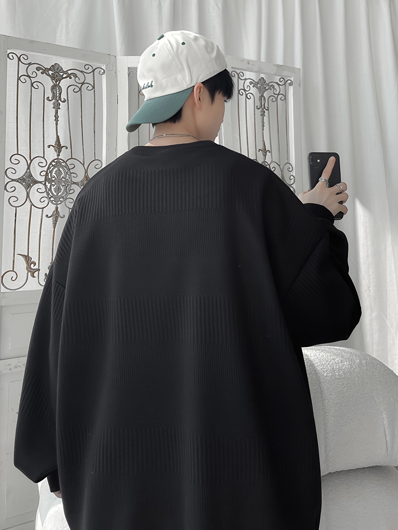 mens solid knitted pullover casual breathable long sleeve crew neck top for outdoor activities details 9