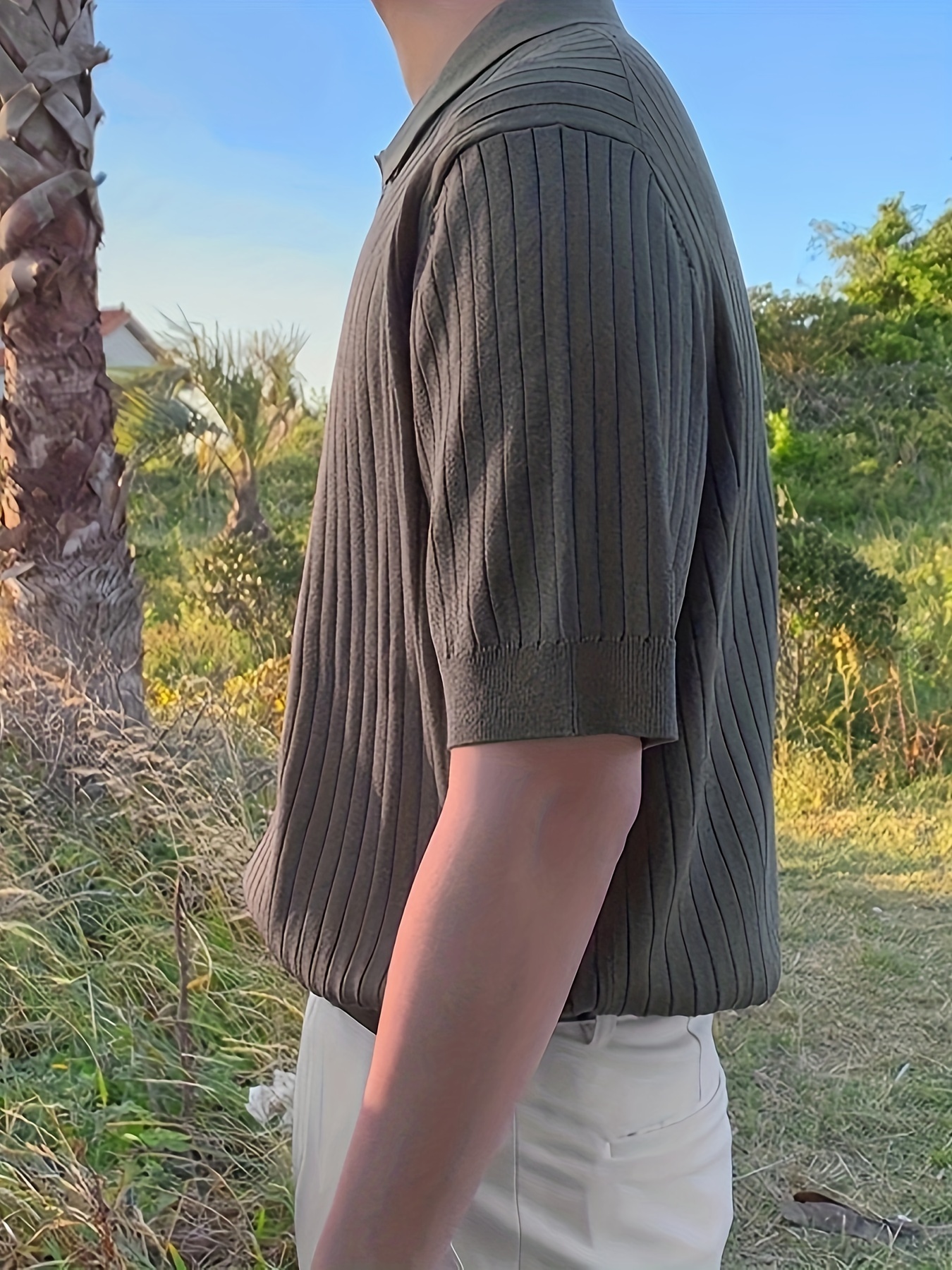 mens stripe pattern sweater casual breathable medium stretch short sleeve knitted top for summer details 2