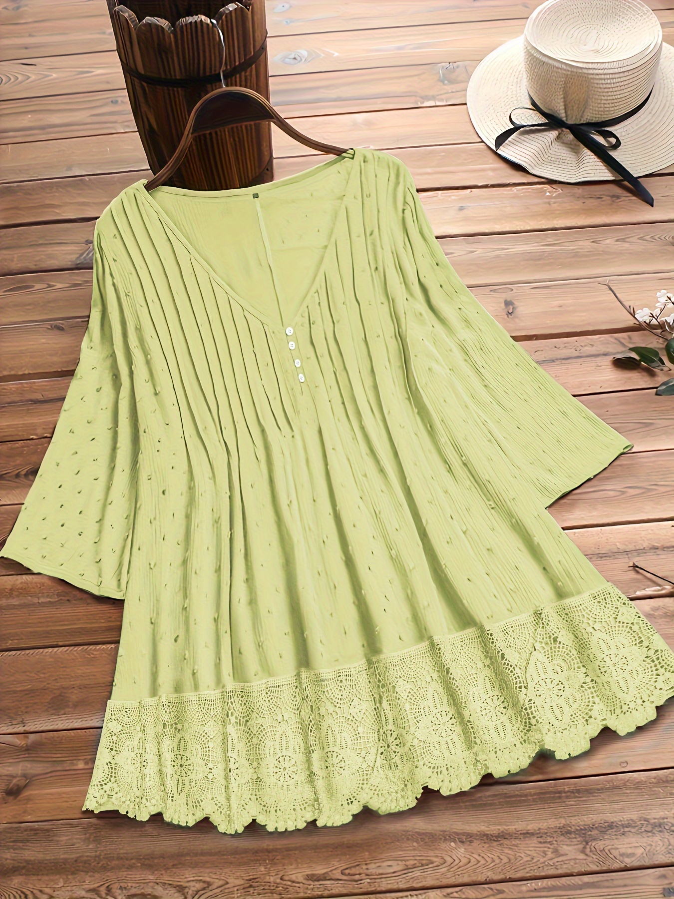 plus size hollow out button decor v neck 3 4 sleeve blouse womens plus ruffle hem casual blouse details 12