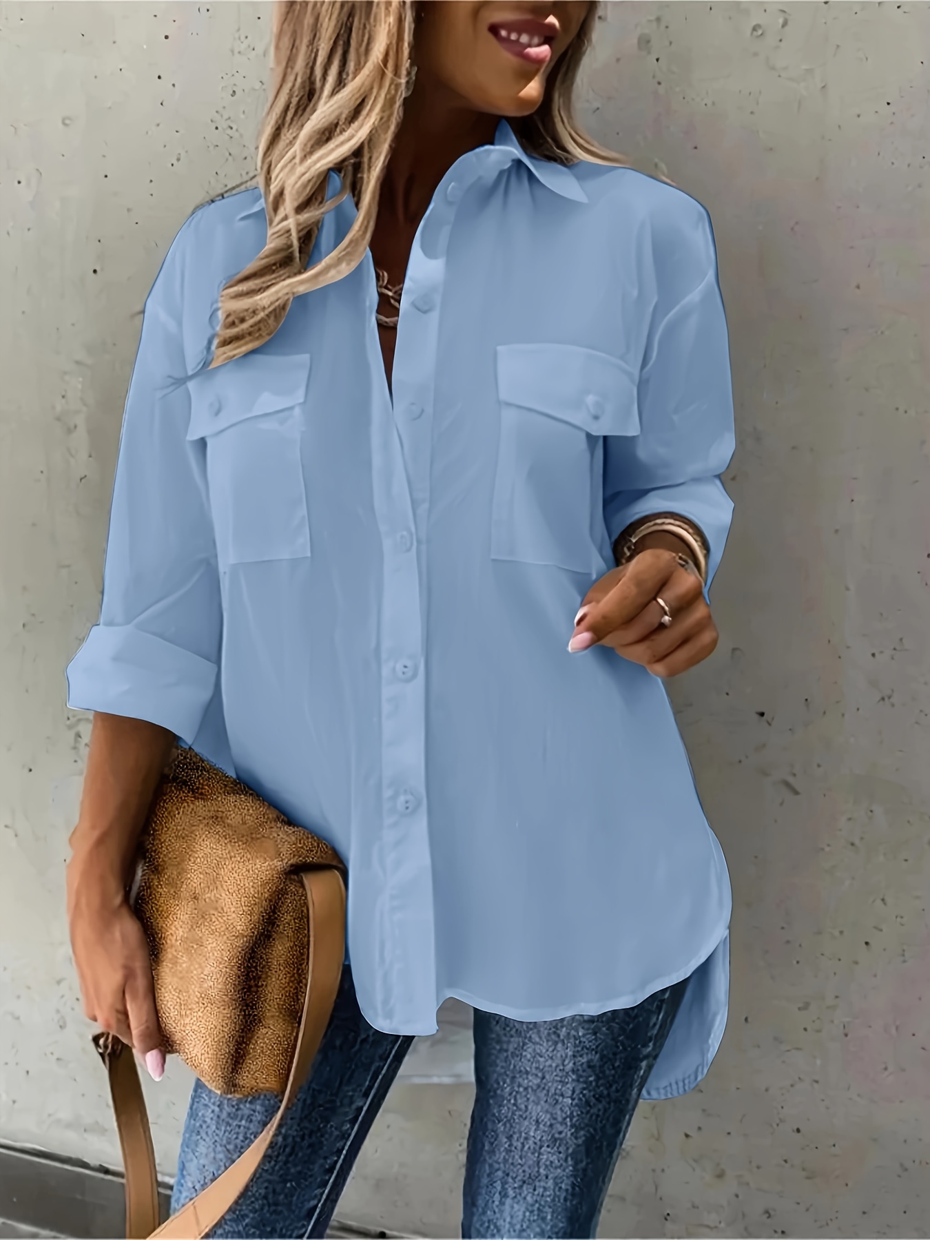 plus size casual blouse womens plus solid long sleeve lapel collar button up shirt top with flap pockets details 1
