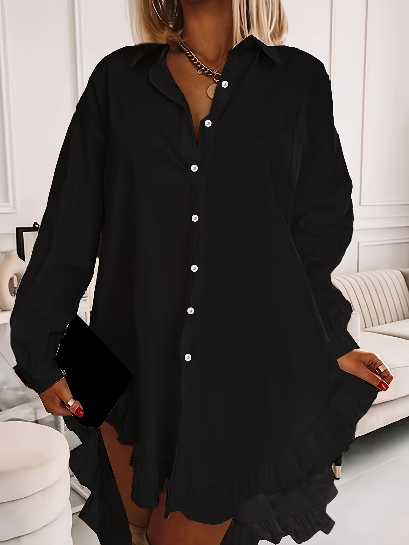 plus size ruffle solid shirt casual long sleeve button front shirt womens plus size clothing details 9